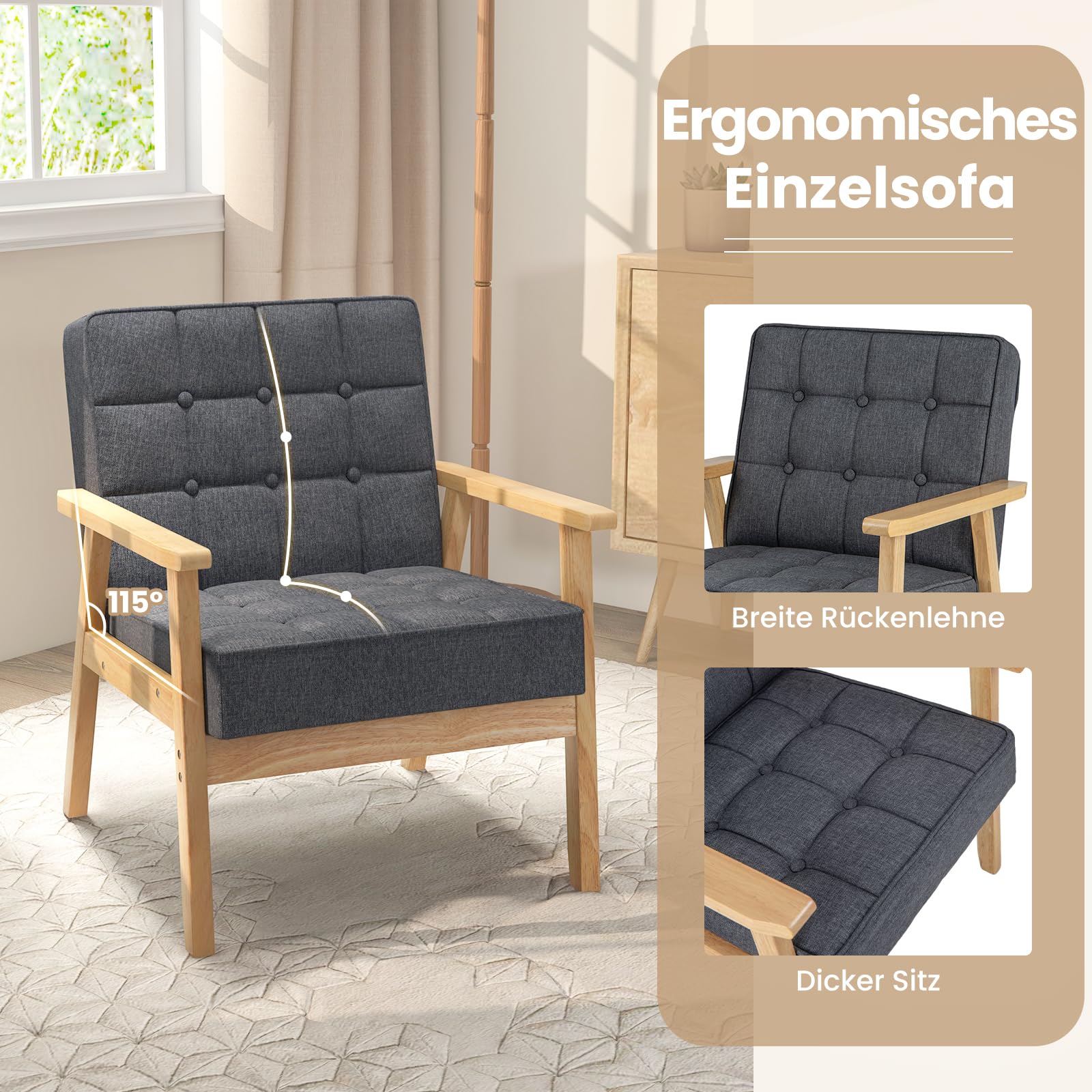 COSTWAY Fotel do salonu, tapicerowany, nowoczesne krzesło akcentujące z podłokietnikami z drewna gumowego, pojedyncza sofa do salonu, sypialni (kolor szary)