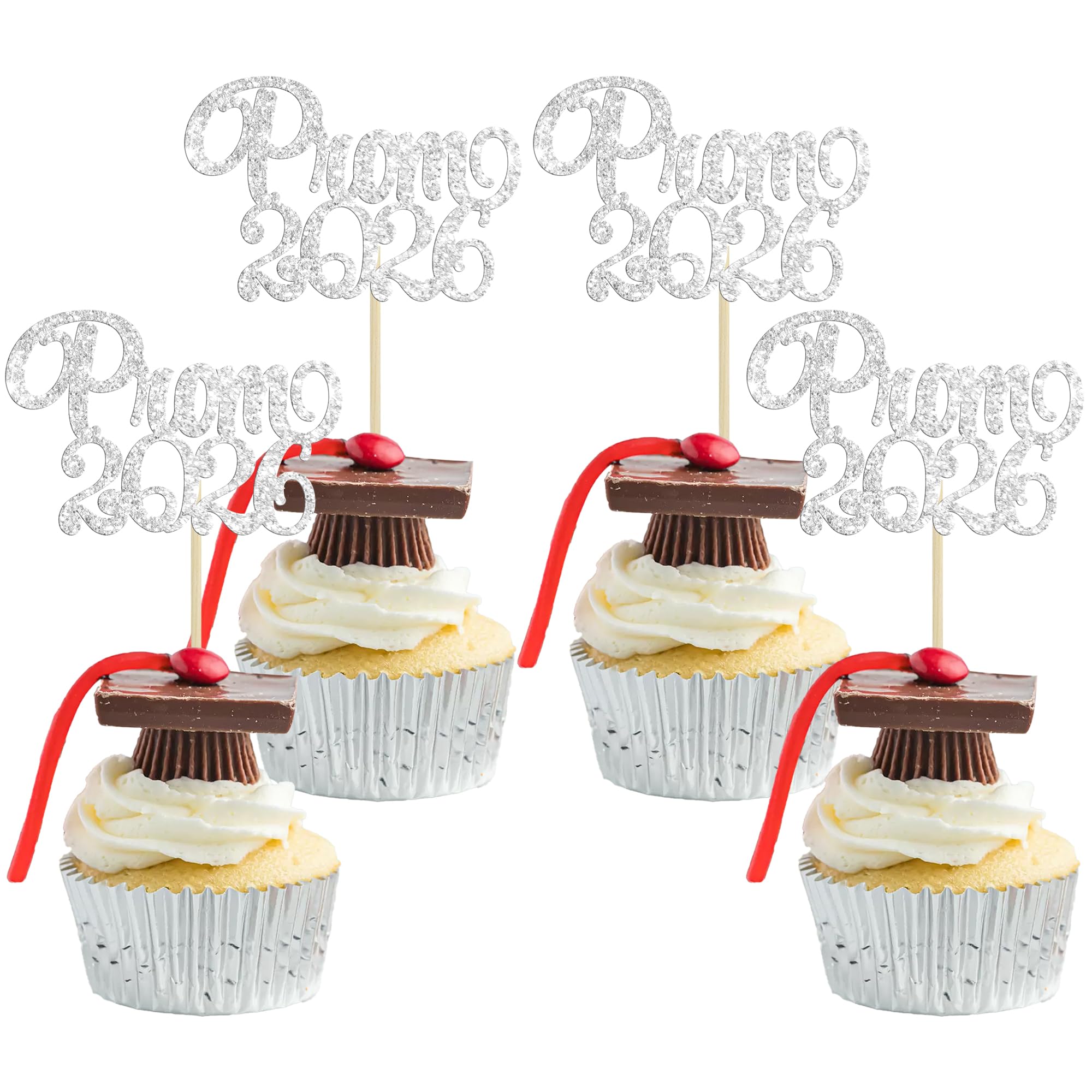 Gyufise 24Pcs Glitter 2026 Graduation Cupcake Toppers Prom 2026 Cupcake Toppers 2026 Graduation Cake Toppers For Grad Party Cake Decorations Class of 2026 Silver — image 1
