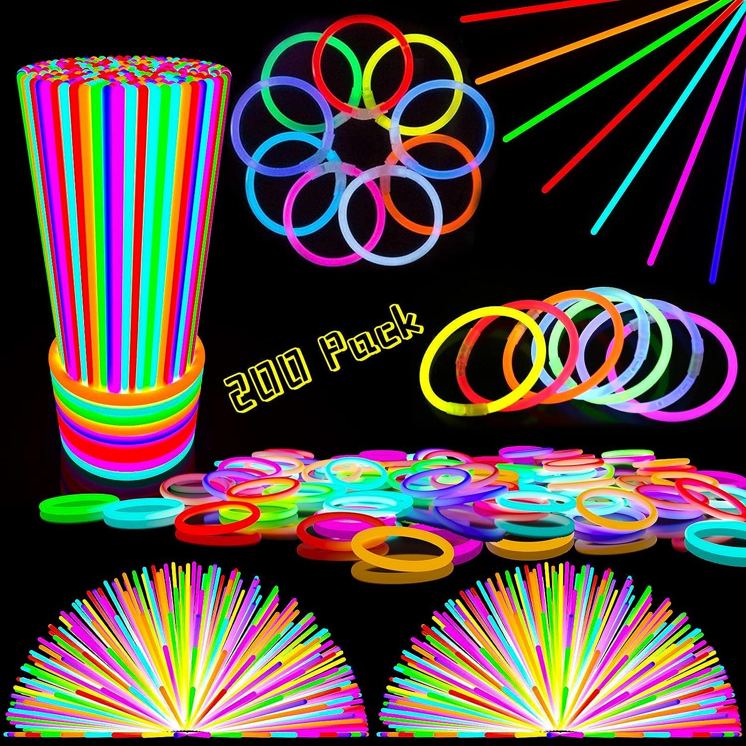 200PCS Glow Sticks, Party Bag Fillers with Bracelet Connectors, Premium Glow Neon Necklaces for Kids Dark Party Supplies,Wedding,Festival,Halloween Decoration