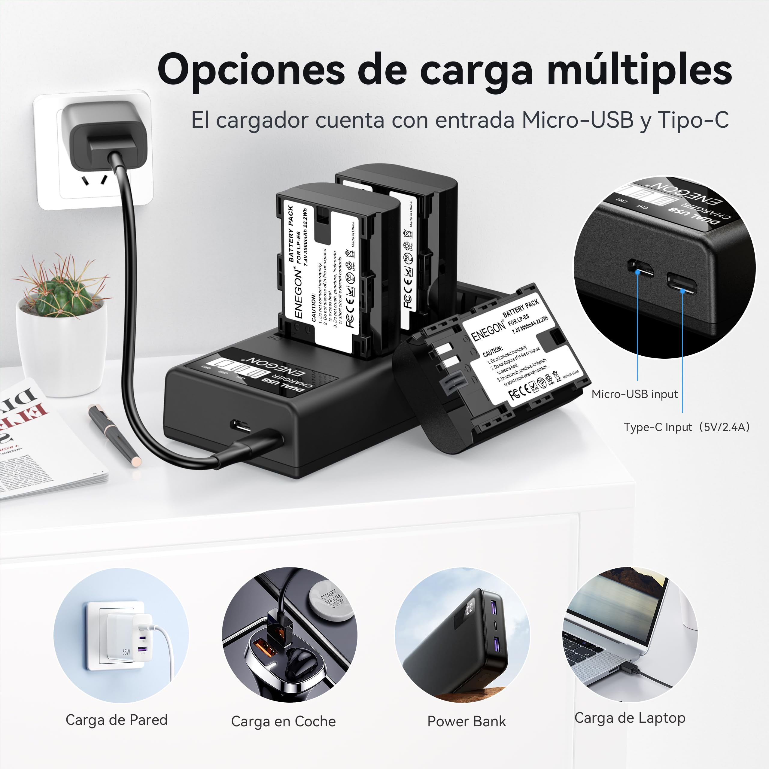 ENEGON Batería LP-E6 (3×3000mAh) Incluye Cargador de 3 Ranuras con Pantalla LCD Compatible Canon EOS 5D, EOS 5D Mark II,EOS 6D, 7D, 60D, 70D, 80D, 90D, XC10, XC15 Cámaras