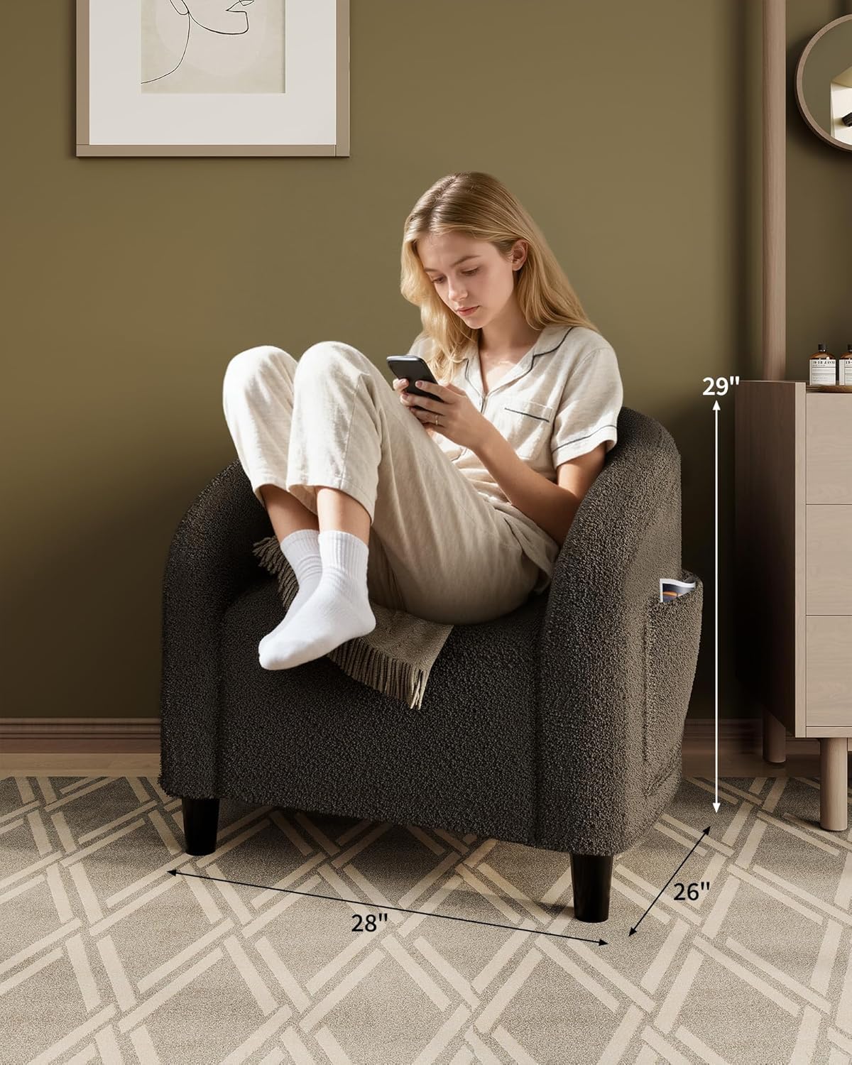 GarveeHome Accent Chair Barrel Boucle Chair Sherpa Armchair Club Chair Suitable for Living Room Bedroom Reception Room Office(Dark Gray)