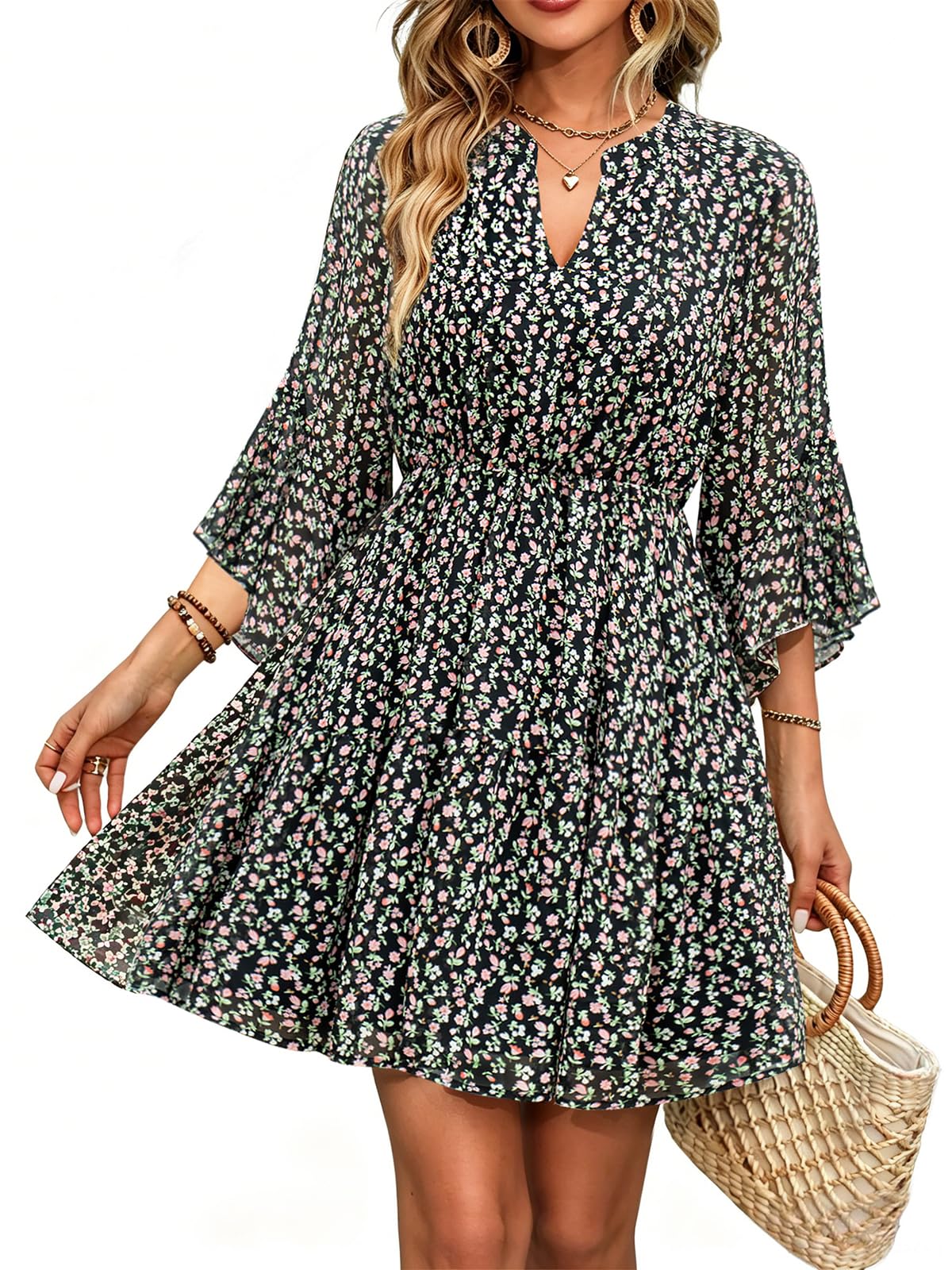 Womens Spring Summer Mini Dress Western Ruffled Sleeve Chiffon V Neck Flowy A Line Short Wedding Guest Party Dresses