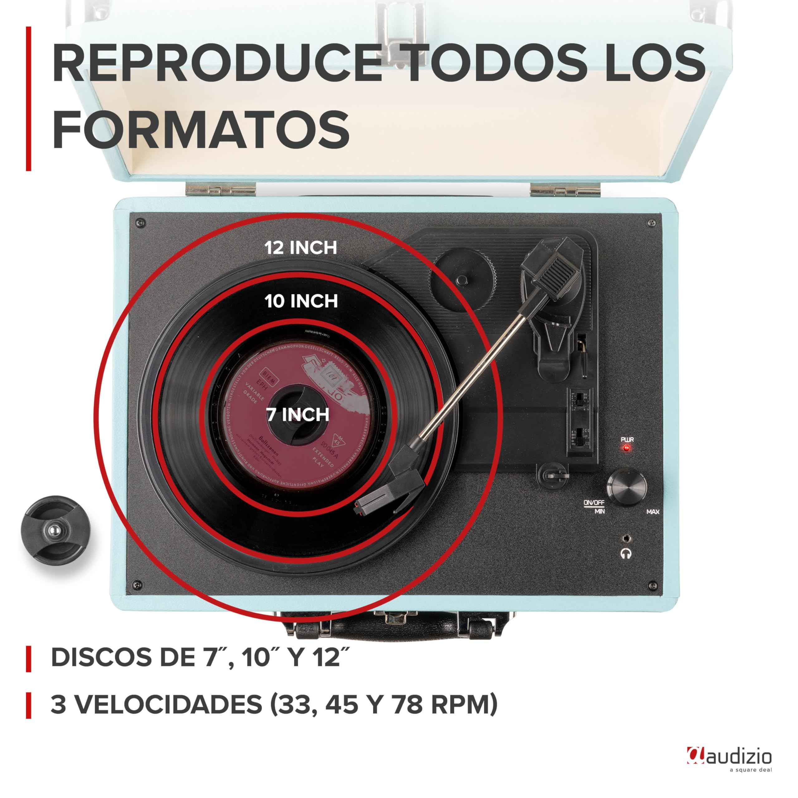 Audizio RP114BL Tocadiscos Azul con Altavoces Integrados, Adaptador de 3 Velocidades (33, 45, 78 RPM), Conexión AUX y Salida RCA – Reproductor de Vinilo Estilo Retro con Sonido Analógico Estéreo