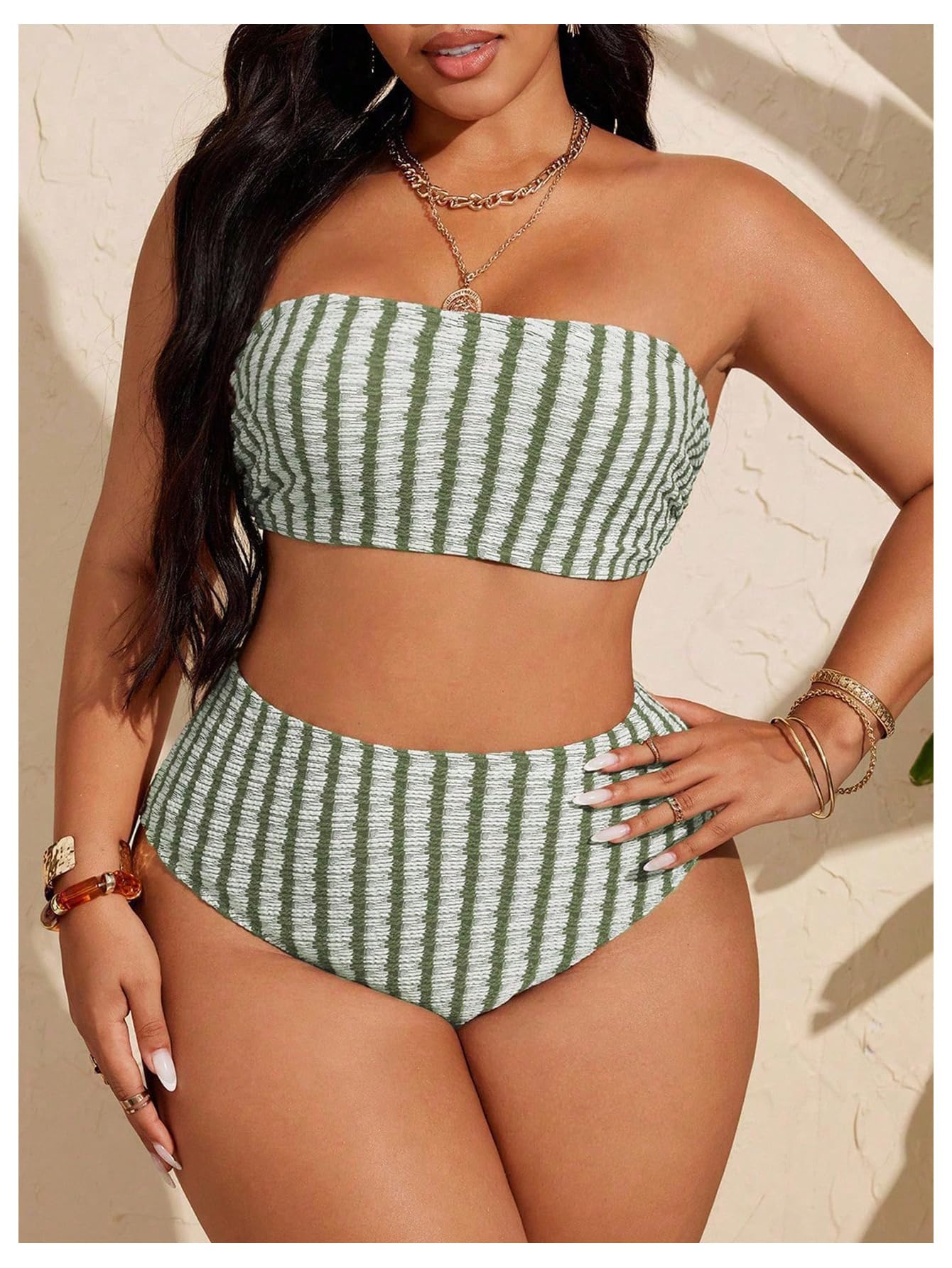 Women's Plus Size 2 Piece High Waist Bikini Set Striped Bandeau Top Tummy Control Bathing Suits Swimwear(Green,Large Plus)
