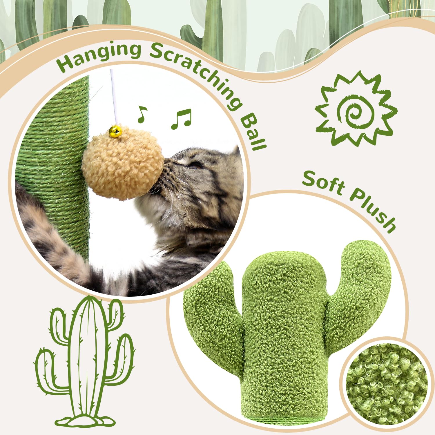 Globlazer Palo Tiragraffi Cactus Verde XXL, Colonne Tiragraffi Grandi Alto 94cm con Trackball Legno Peluche Giocattoli Stabil Base 11CM Palo Tiragraffi Sisal per Gatti Giocare Graffiare (SC37, Verde)