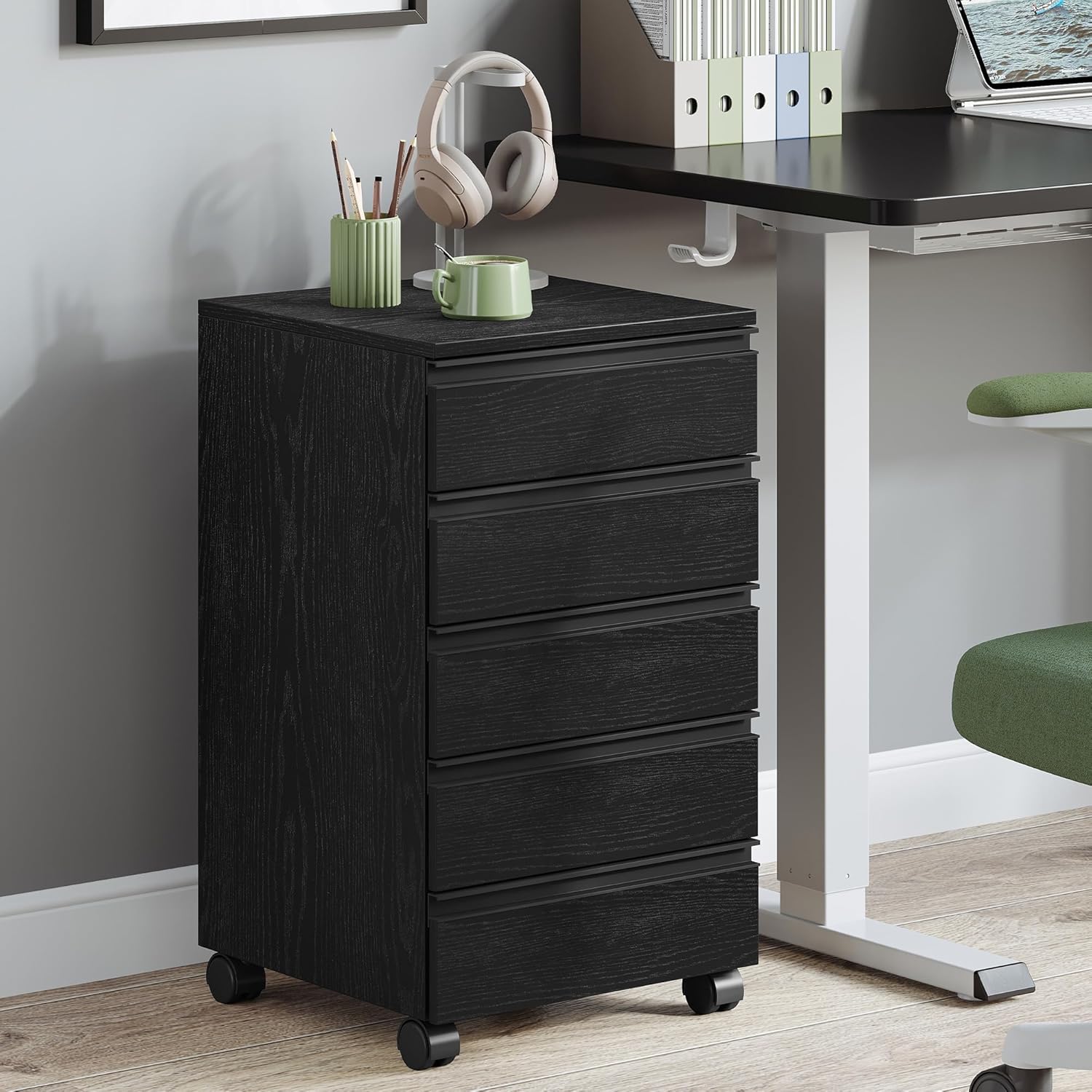 Hzuaneri Rollcontainer, mobiler Aktenschrank, Schubladenschrank mit 5 Schubladen, Lagerschrank für Büro und Homeoffice, Schwarz 40 x 40 x 70 cm FC55504X