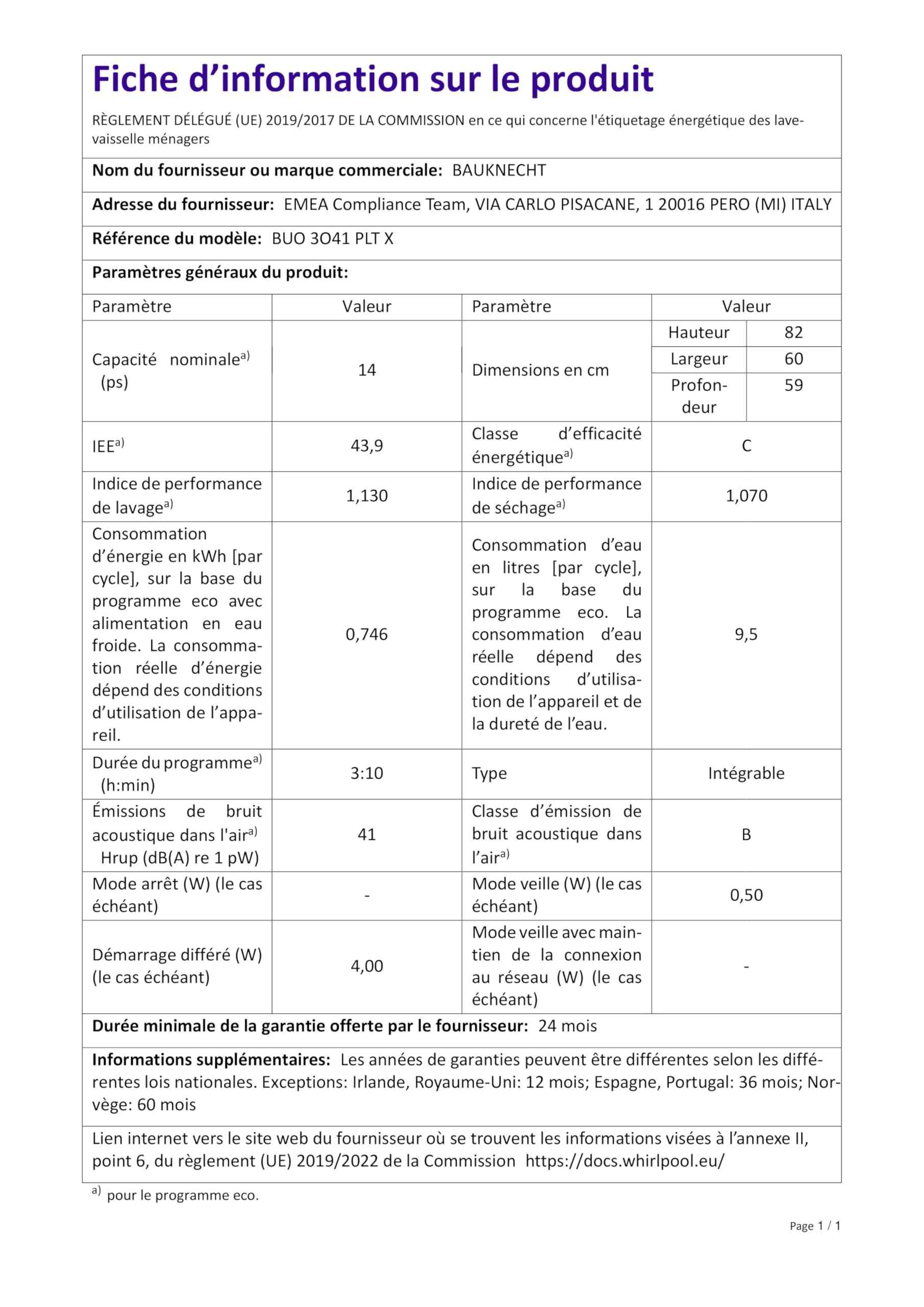 Bauknecht BUO 3O41 PLT X Unterbau-Geschirrspüler 60 cm 14 Maßgedecke PowerClean ActiveDry
