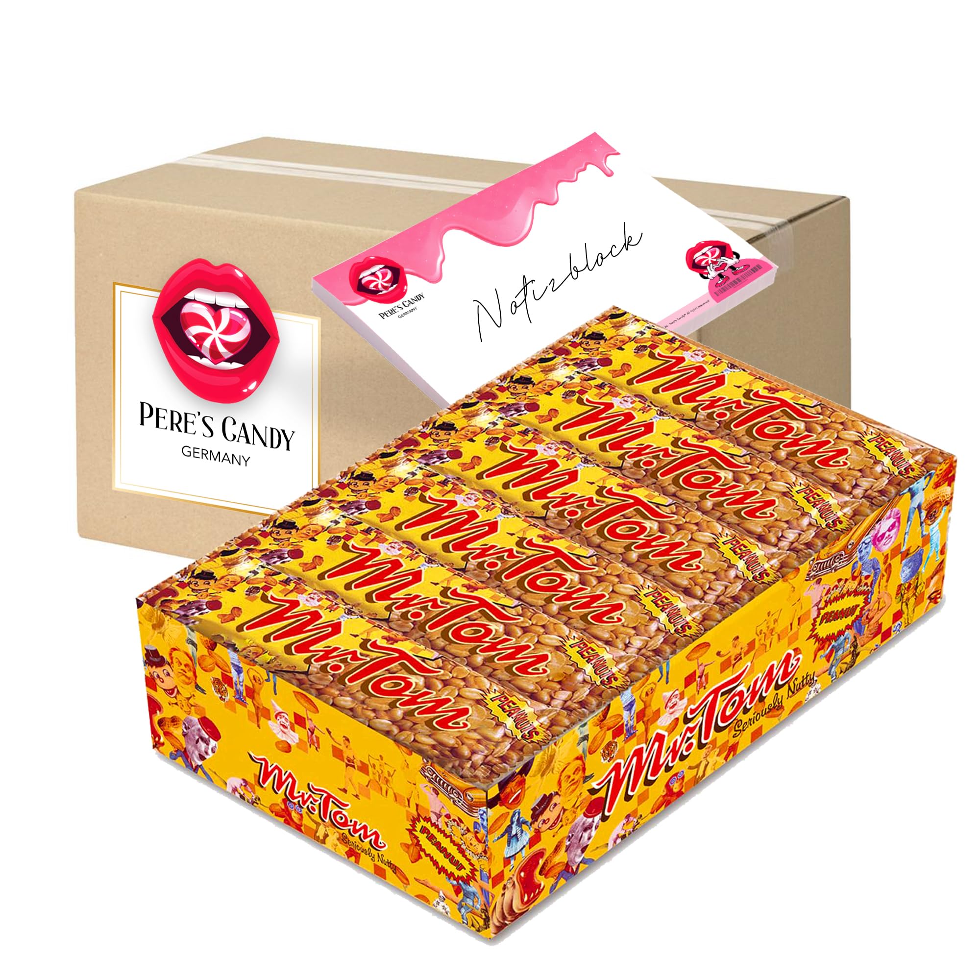 Pere's Candy Bundle für 36 x 40g Mr.Tom Thekendisplay gerösteten Erdnüssen in Karamell + Pere's Candy Notepad DIN A7-25 Blatt