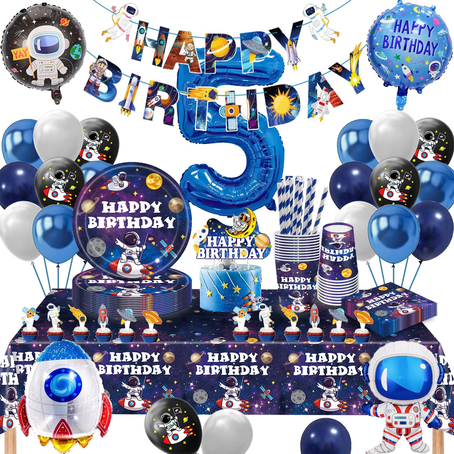 Space Party Tableware Set 5 Years, Space Birthday Decoration, Astronaut Party Plates Birthday, Space Balloon Paper Plates, Cups, Napkins, Tablecloth for Astronaut Children's Birthday Decoration for 16