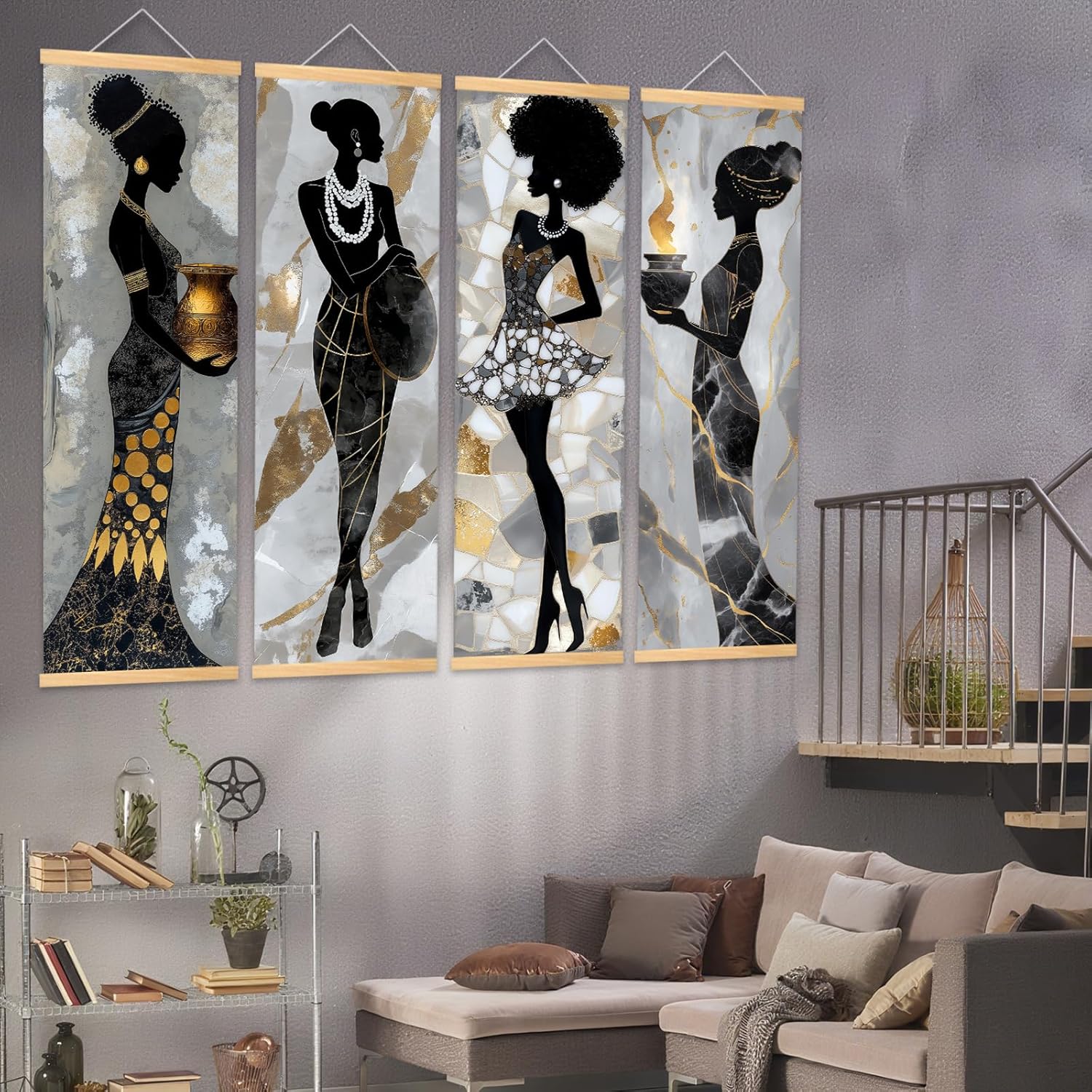 Pennimor Black and Gold African American Women Canvas Wall Art – 4Pcs Afrocentric Black Queen Wall Decor, Modern Black and Gold Wall Paintings for Living Room Bedroom, 11.81×35.43in Scroll Posters