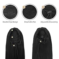 Vista 3 de BARSDAR Extensión de Cola de Caballo Corta y Recta - Extensiones de Cabello de Cola de Caballo Negra con Cordón de 16 Pulgadas para Mujeres