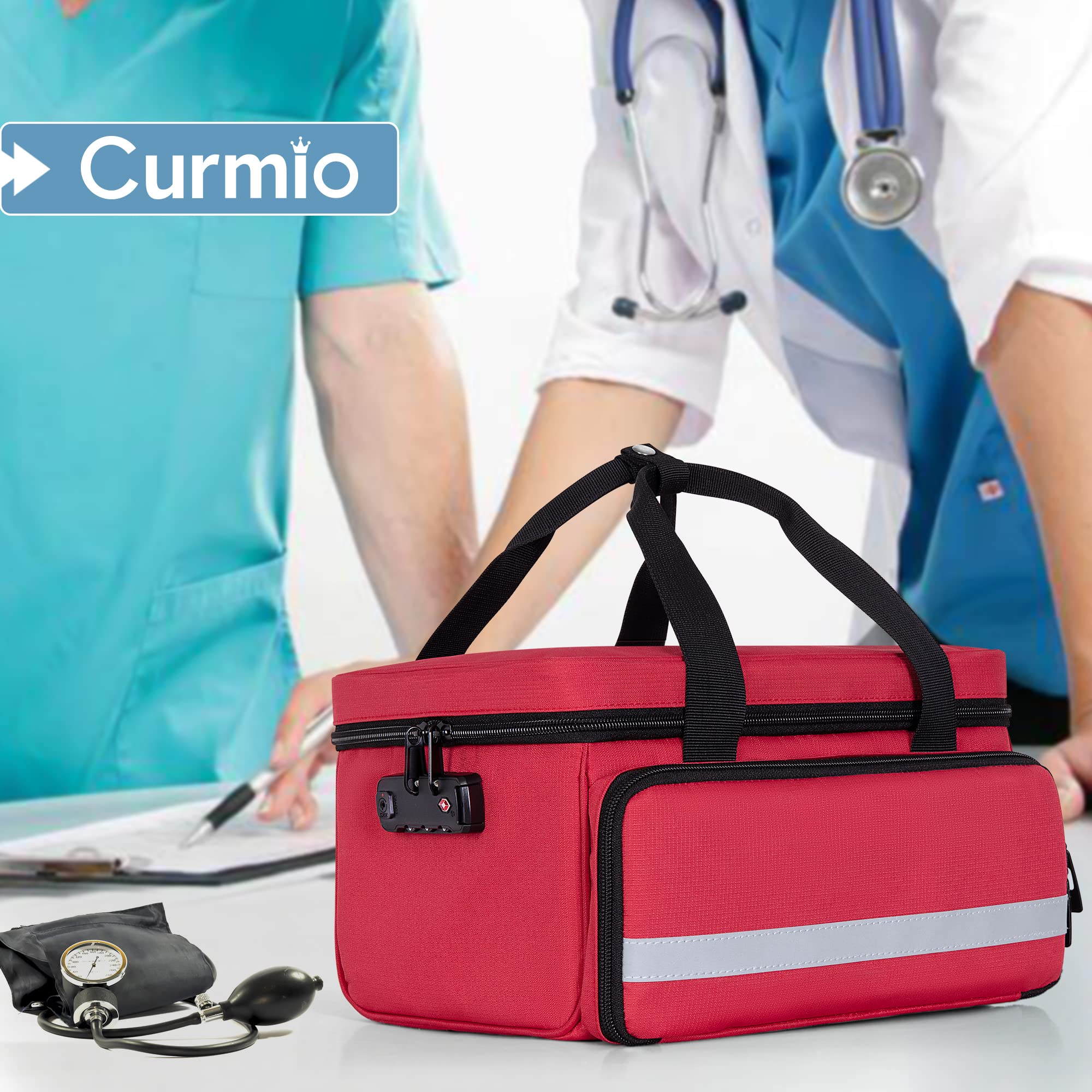 CURMIO Sac de Premiers Secours Vide, Mallette Médicale avec Serrure, Rouge | Trousse Pharmacie Voyage, Organisateur de Médicaments, Cadenas à 3 Chiffres, Cloisons Amovibles, pour Maison/ Travail/ Voyage