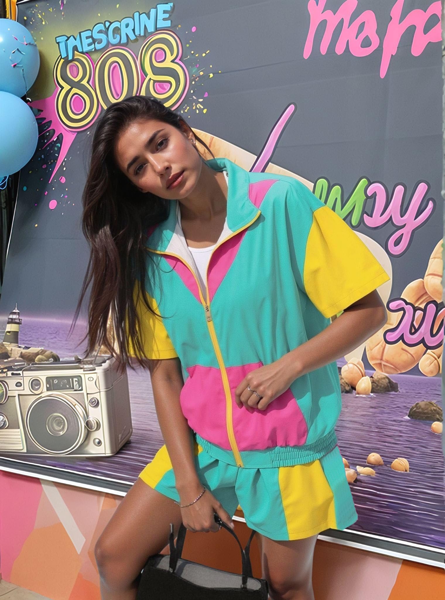 UOUA 80er Jahre Outfit für Damen 90er Jahre Party Kostüm 2 Stück Trainingsanzug Kurzarm Windbreaker Jacke und Shorts Sets