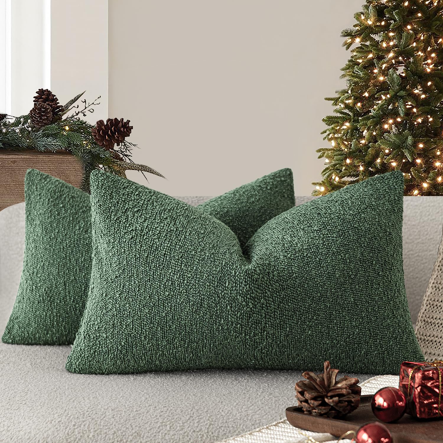 Foindtower Pack of 2 Textured Boucle Throw Pillow Covers Accent Solid Decorative Lumbar Pillow Cases Soft Couch Cushion Case for Chair Sofa Bedroom Living Room Home Decor 12x20 Inch Pine Green