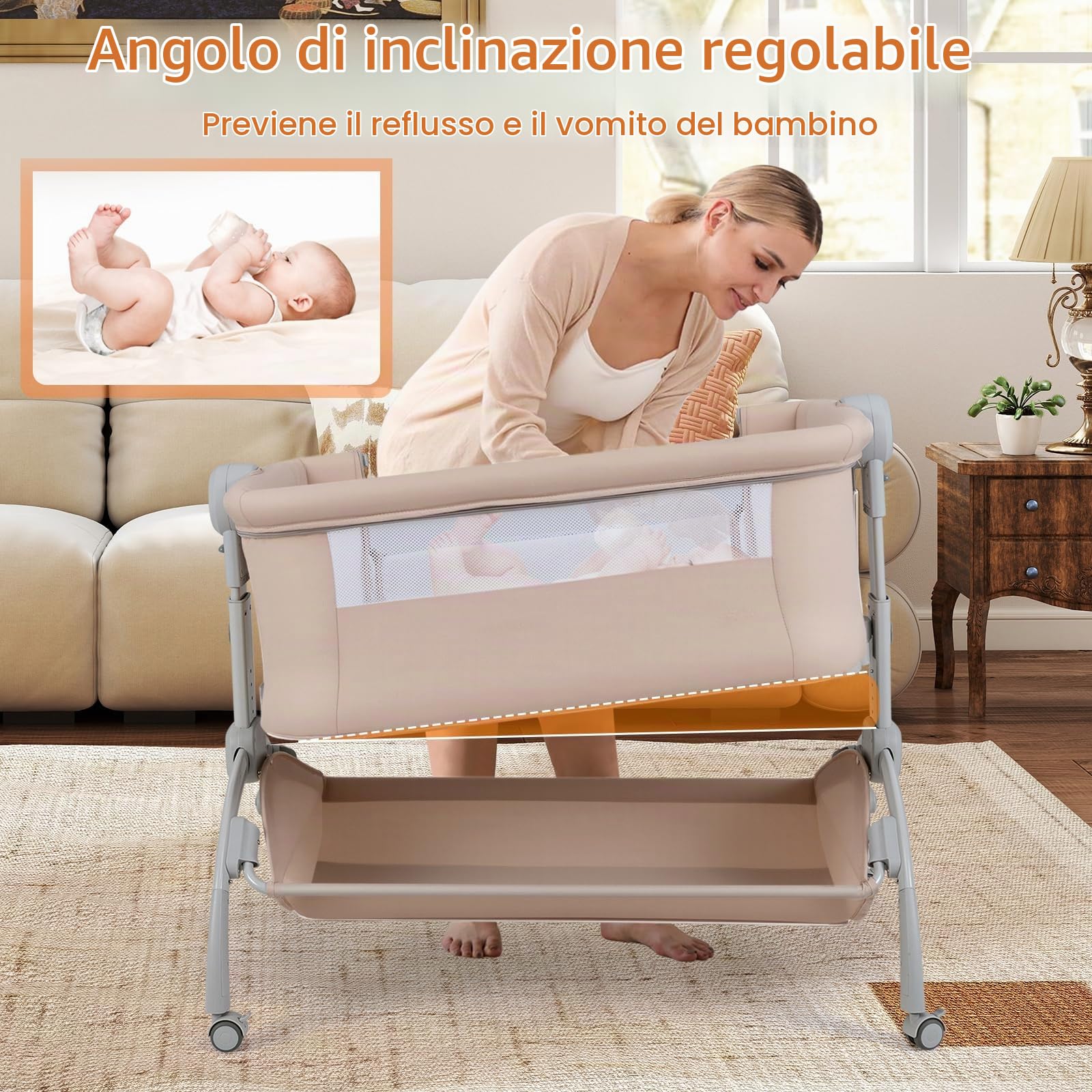 LIFEZEAL Cododo regolabile in 7 altezze, culla pieghevole con borsa portaoggetti, culla in tessuto Oxford con materasso e ruote universali, capacità 9 KG, 95x65x73,5-85,5 CM (beige)