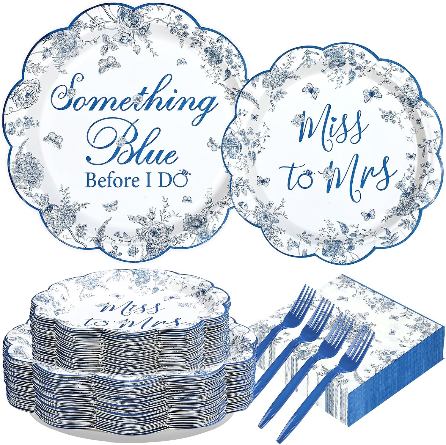 200Pcs Something Blue Bridal Shower Party Supplies Blue White Floral Plates and Napkins Bridal Shower Scalloped Tableware Set for Bachelorette Valentine's Day Party Wedding Decorations Serves 50