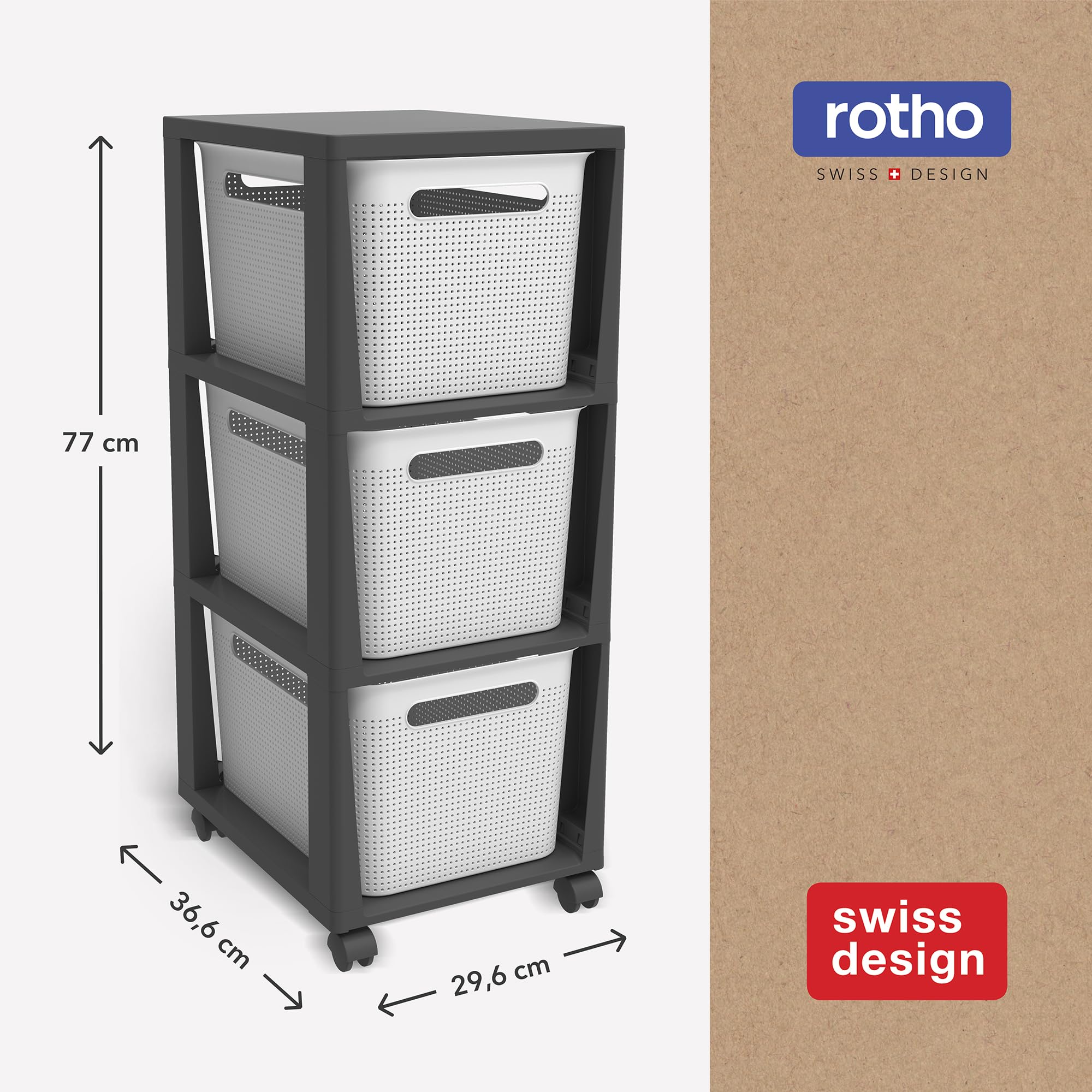 Rotho Brisen Roll contenedor con 3 cajones, plástico (polipropileno reciclado), blanco/antracita, 3 x 16 l (14.4 x 11.8 x 30.3 pulgadas)