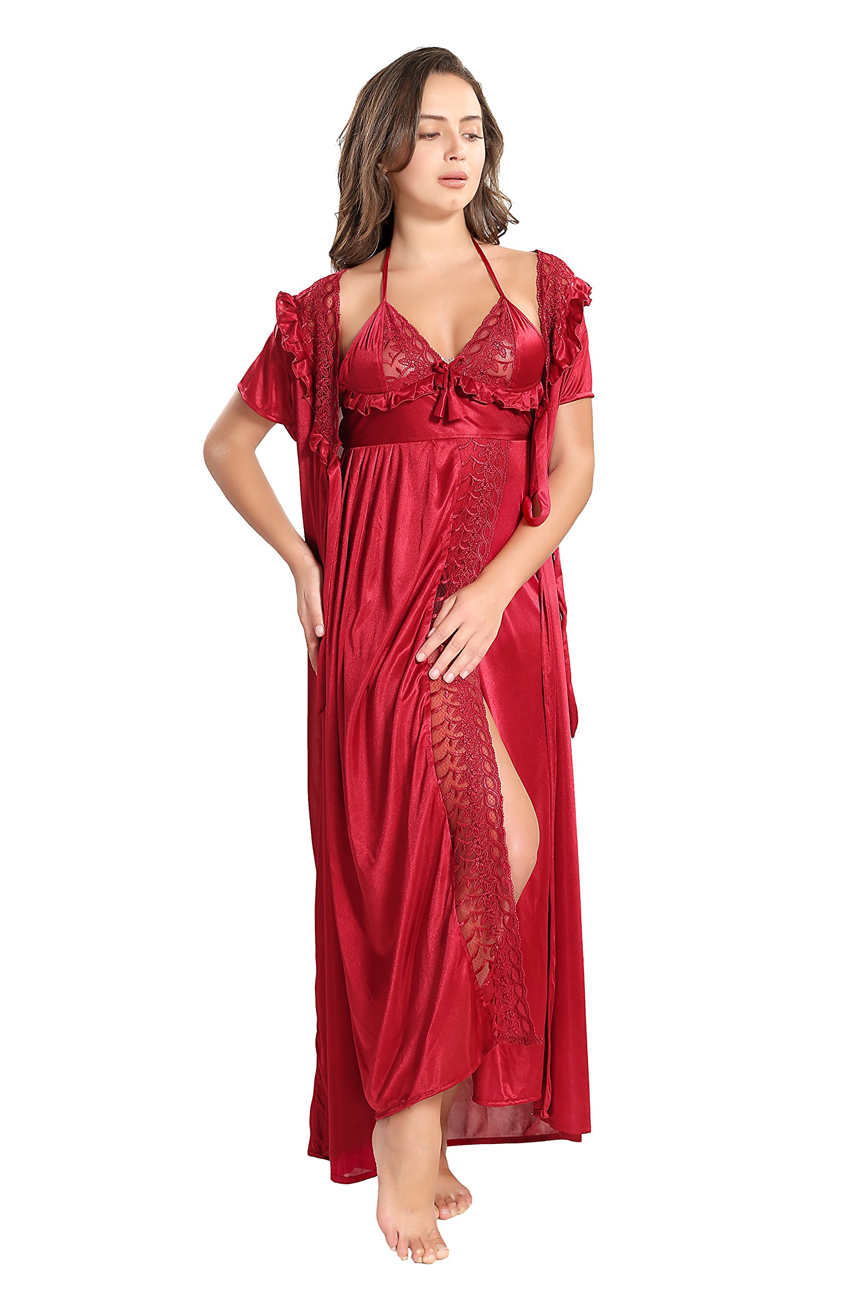 REPOSEYWomen's Satin Solid Maxi Length Nighty with Robe (Free Size) (Pack of 2)