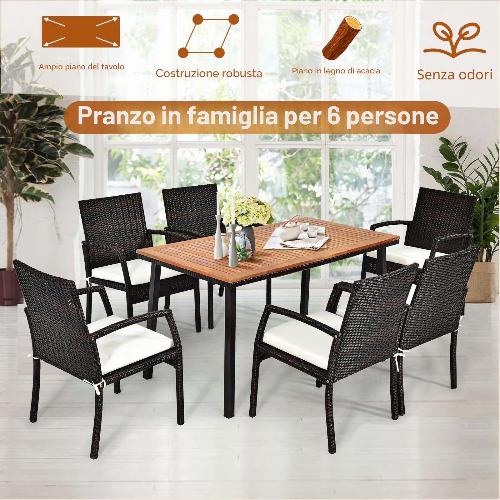 LIFEZEAL Tavolo da pranzo con foro per ombrellone, tavolo da giardino in legno di acacia con gambe in metallo, tavolo da pranzo per cucina, terrazza, giardino, 140 x 75 x 75,5 cm