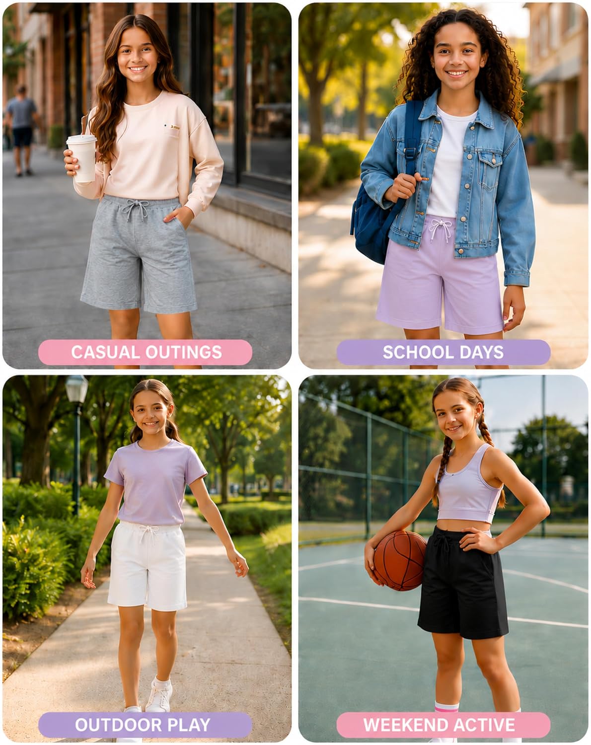 Real Love Girls Shorts - 4 Pack Soft Everyday Casual French Terry Bermuda Shorts for Girls with Elastic Waistband (7-16)