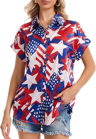 Short Sleeve Shirts for Women V Neck Cuffed Sleeved Collared Button Down Shirt Casual Summer Tops Loose Blouse