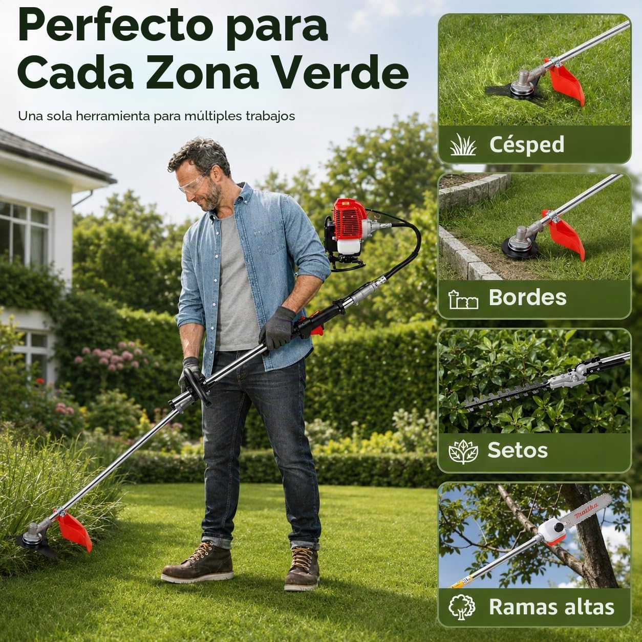 Desbrozadora de gasolina 4 en 1 de 52 cc de 2 tiempos, de gasolina, para cepillo, cortacésped, motosierra, podadora, cortacésped, cortasetos, YLNXC75XWDML8-TDKA