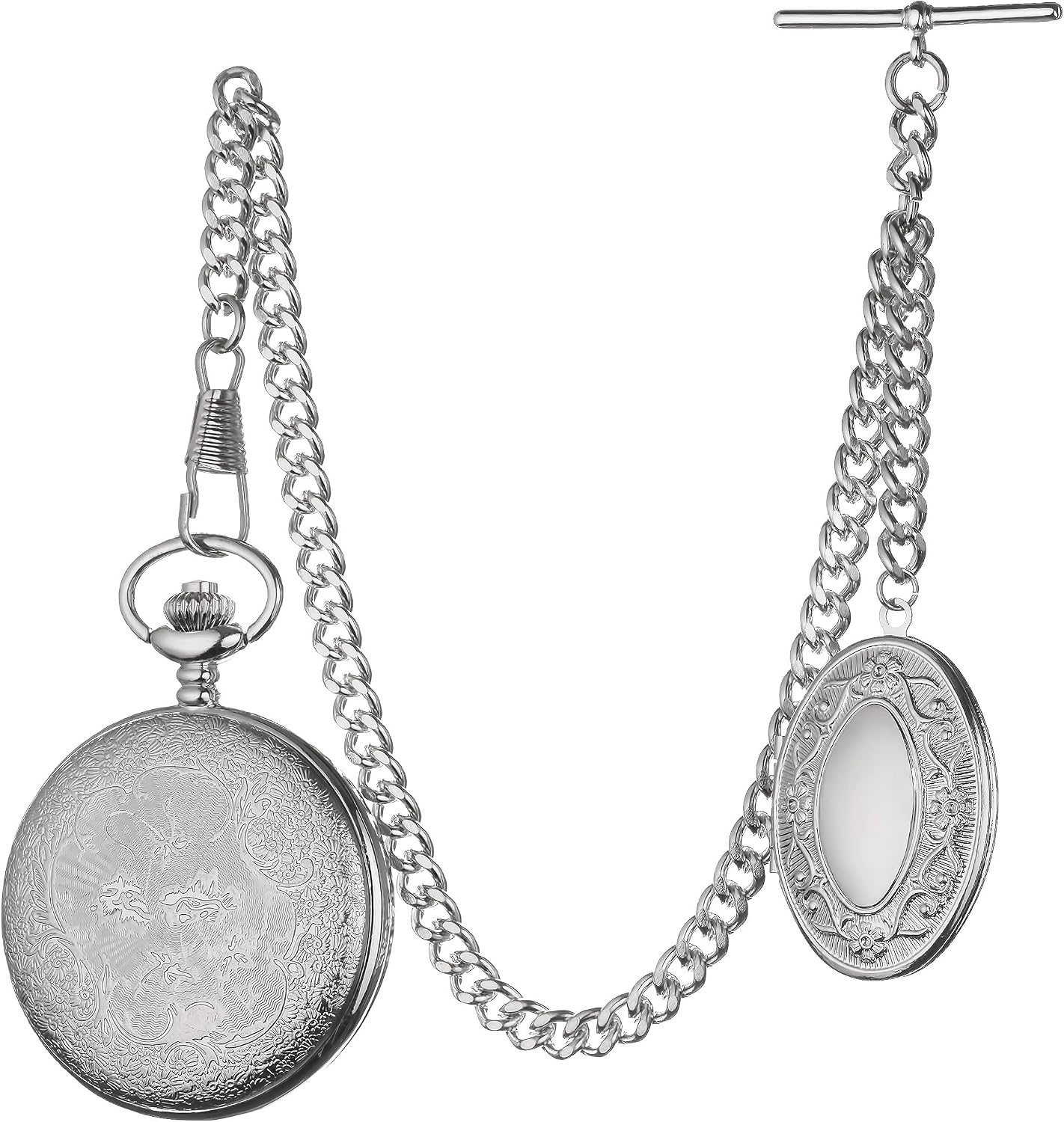 Vintage-Style Pocket Watch Chain with Ornate Medal and Pocket Watch – 12 Inch T-Bar Chain for Waistcoats, Costumes & Gifts