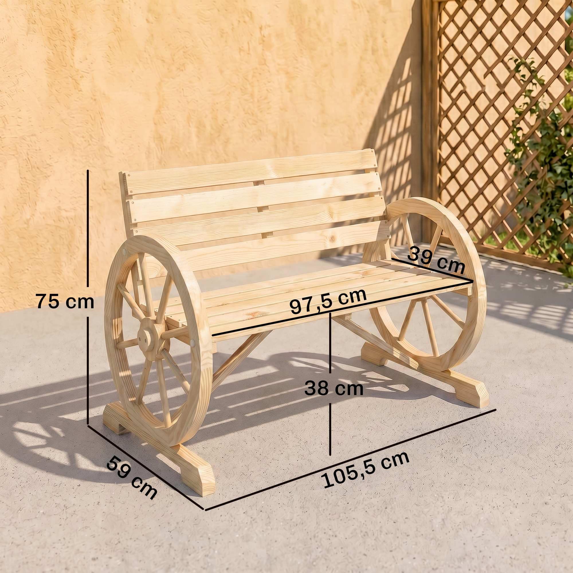Outsunny Banc de Jardin Banc 3 Places Banc en Bois Style Rustique Chic accoudoirs Roues Charette Bois Sapin Effet Bois Naturel