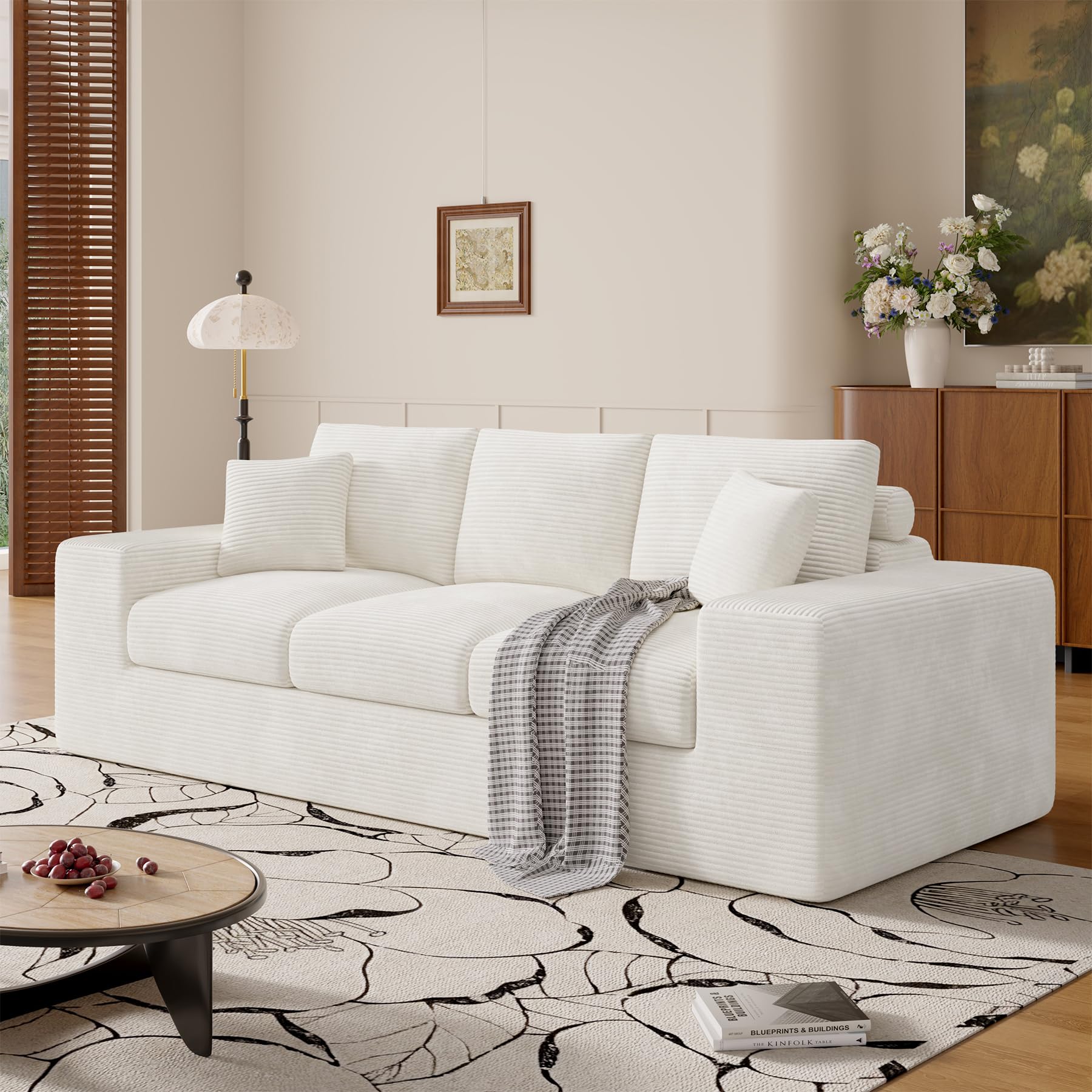 91 7 Boneless Sofa Couch with Layered Cushion 3 Seater Cloud Couch with Deep Seat Upholstered Corduroy Floor