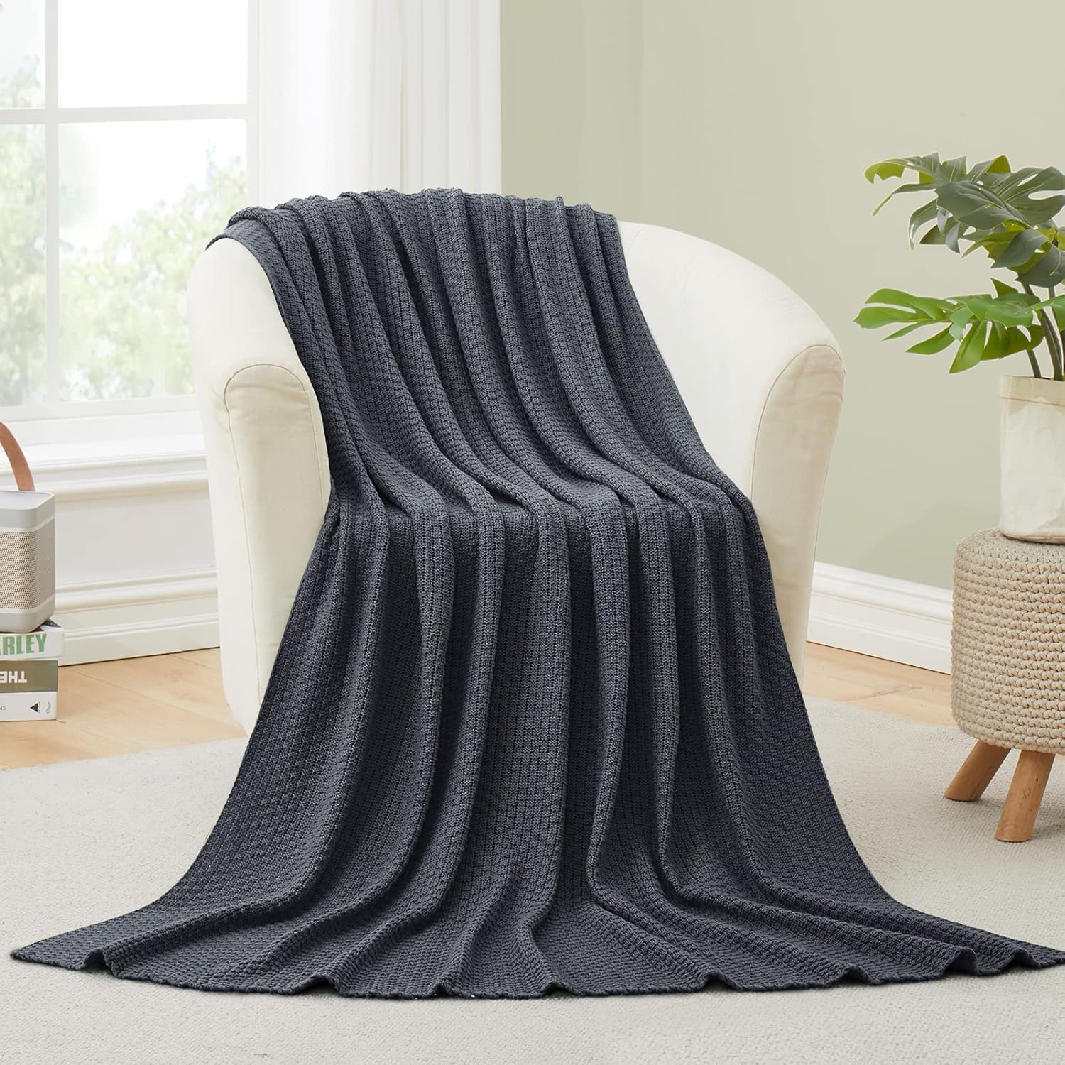 TREELY Grey Knit Throw Blanket for Couch, Soft Cozy Knitted Blankets 60