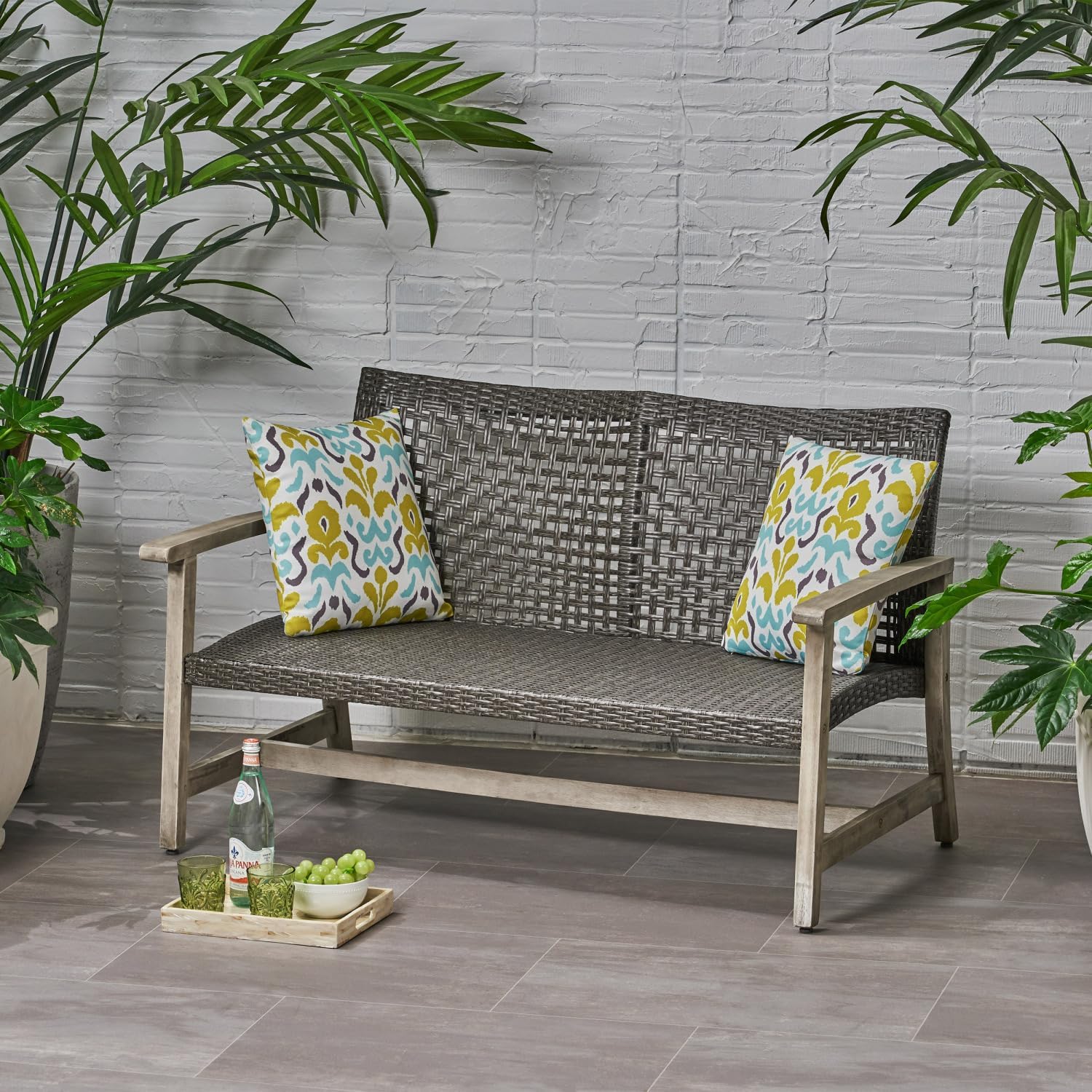 Classic Grey Wood & Wicker Loveseat - Patio Sofa for Relaxing