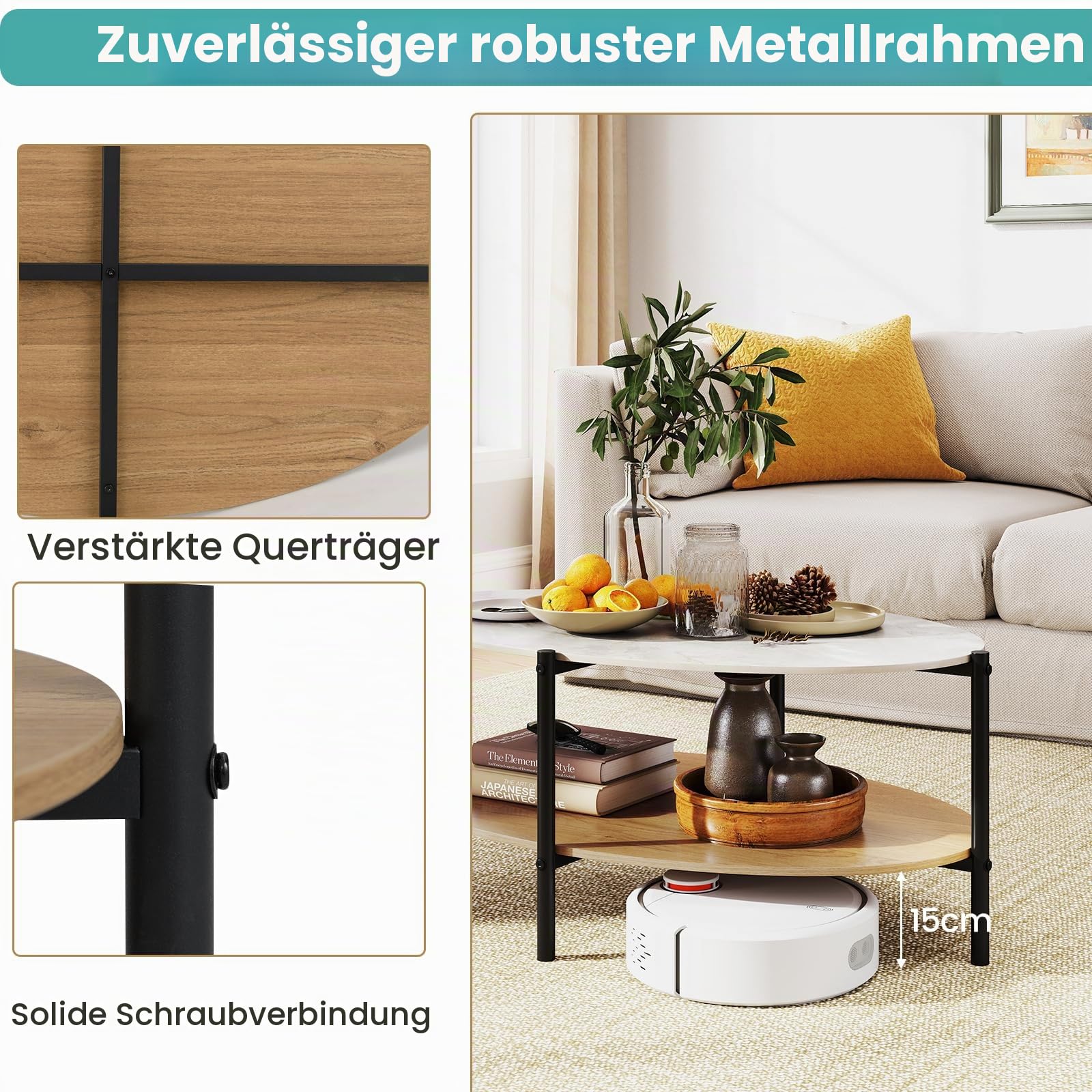 LIFEZEAL Couchtisch Marmor, Ovaler Wohnzimmertisch mit Marmorplatte, Moderner Kaffeetisch Sofatisch mit robustem Metallrahmen, 105 x 65 x 43 cm