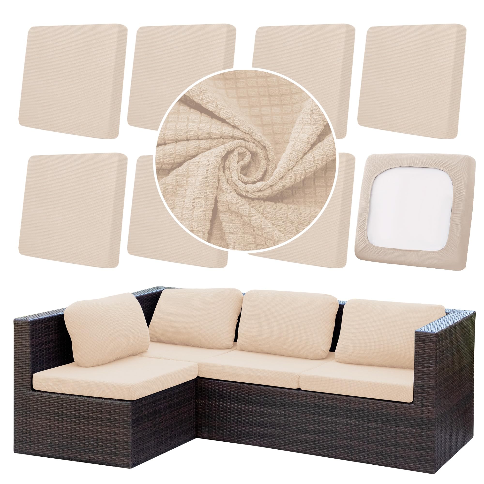 Photo 1 of DREAHOTEXTIL 8Pcs Outdoor Cushion Covers, Patio Cushion Covers,Stretch Elastic Slipcovers, Replacement Washable & Reusable Furniture Protector for Patio Couch,Thick Jacquard Fabric(Beige, Cover Only)