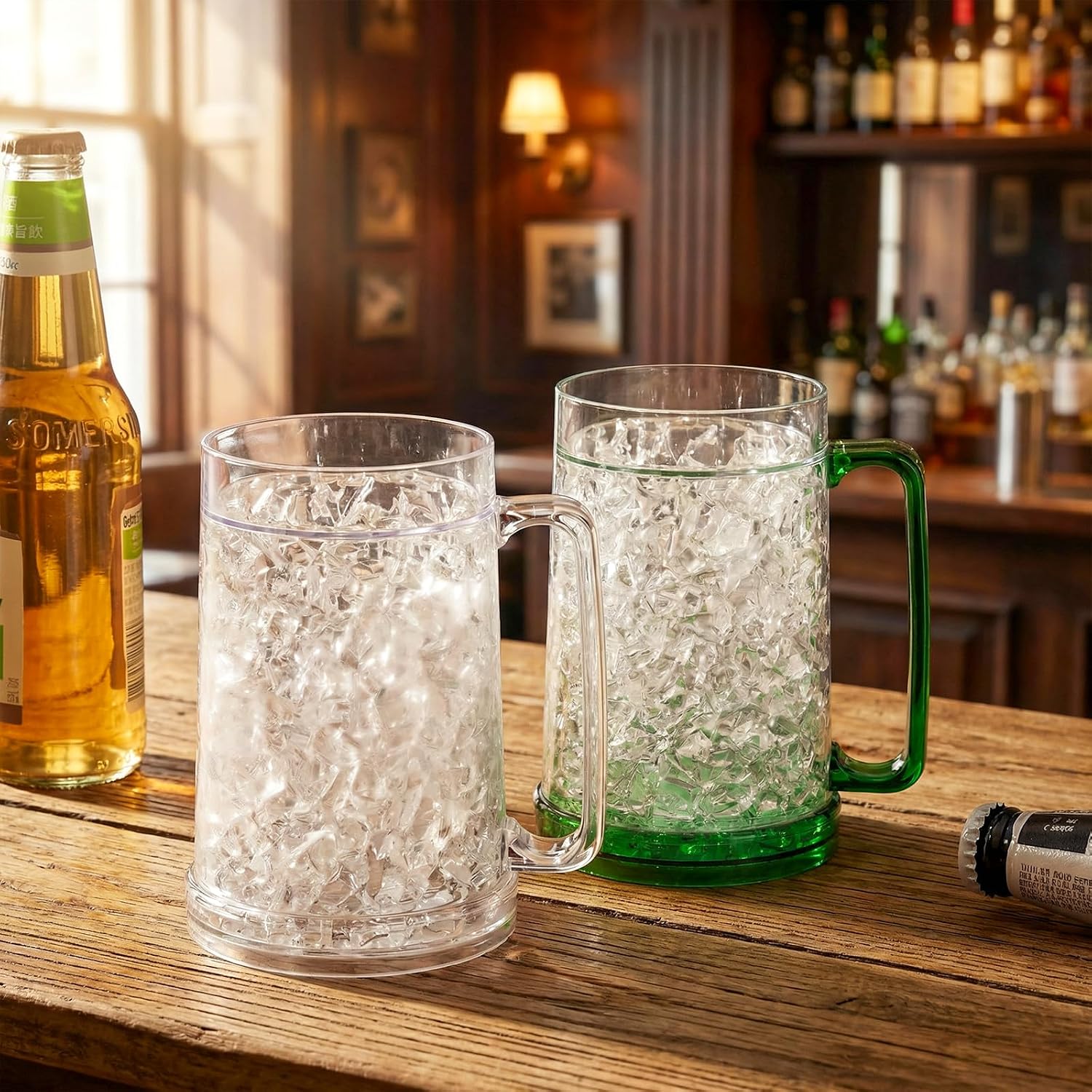 4 Pack Beer Mugs for Freezer, Double Wall Gel Frosty Ice Mugs Clear 16oz, PVC Freezer Mugs Set for Cold Beverages Beer Soda Water