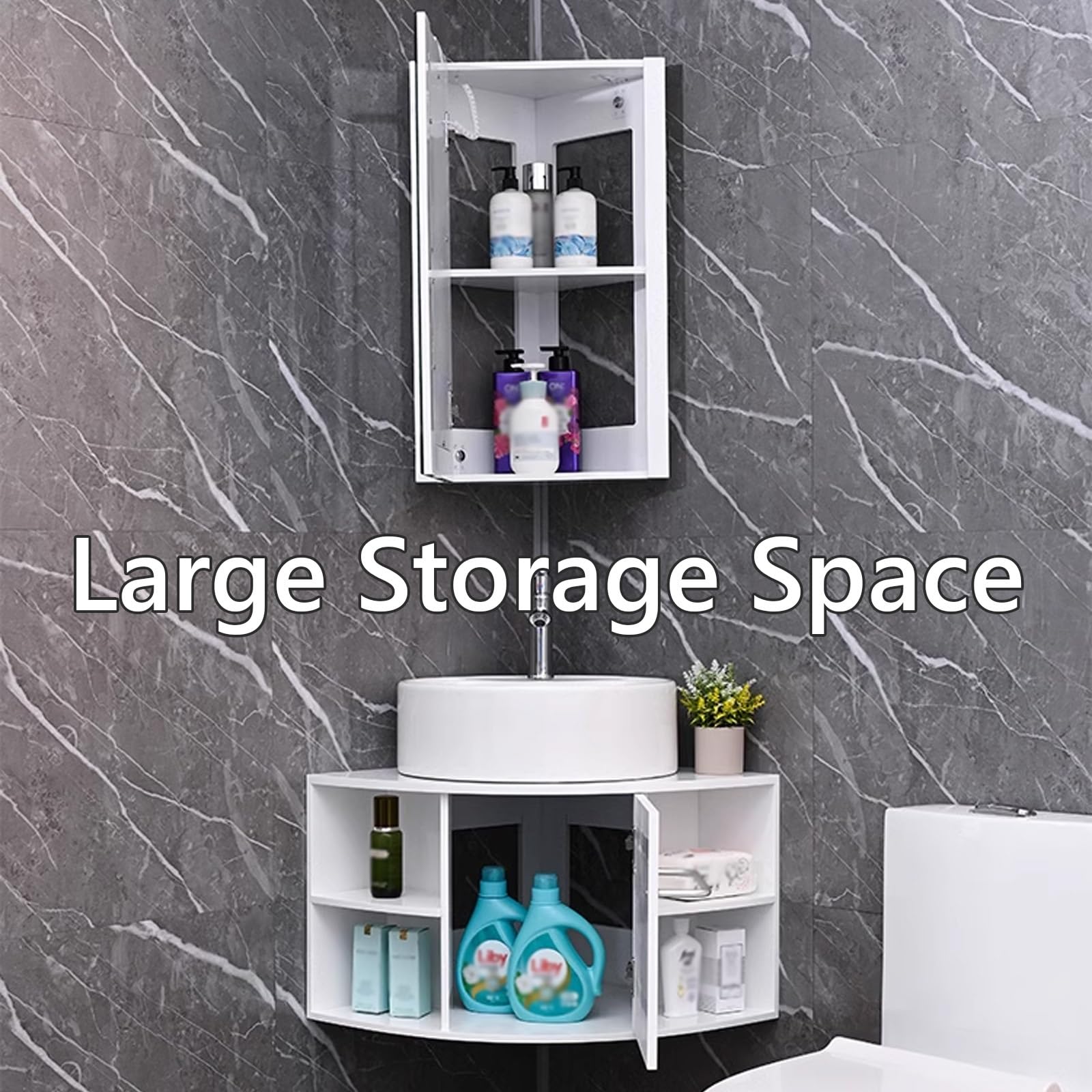 Mobile Bagno Sospeso con Lavabo, Mobile Specchio Bagno LED, Lavabo Tondo, Molto Spazio di Archiviazione, Mobile Angolare Bagno Sospeso, per Bagno(55CM)