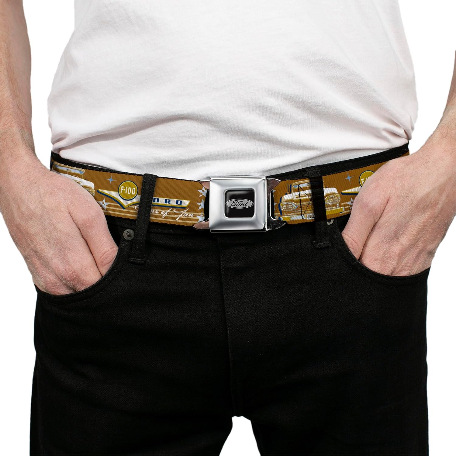 Buckle-Down Seatbelt Belt - Vintage Ford FORD F-100-TONS OF FUN Tans/Navy - 1.0" Wide - 20-36 Inches in Length