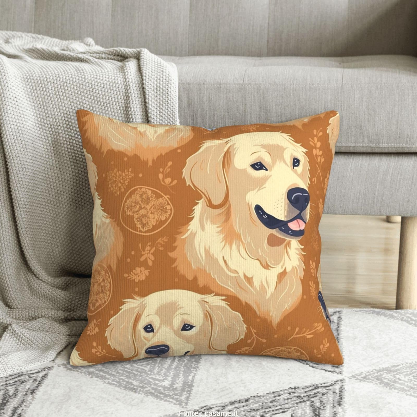 Housse de coussin en velours côtelé doux motif Golden Retriever