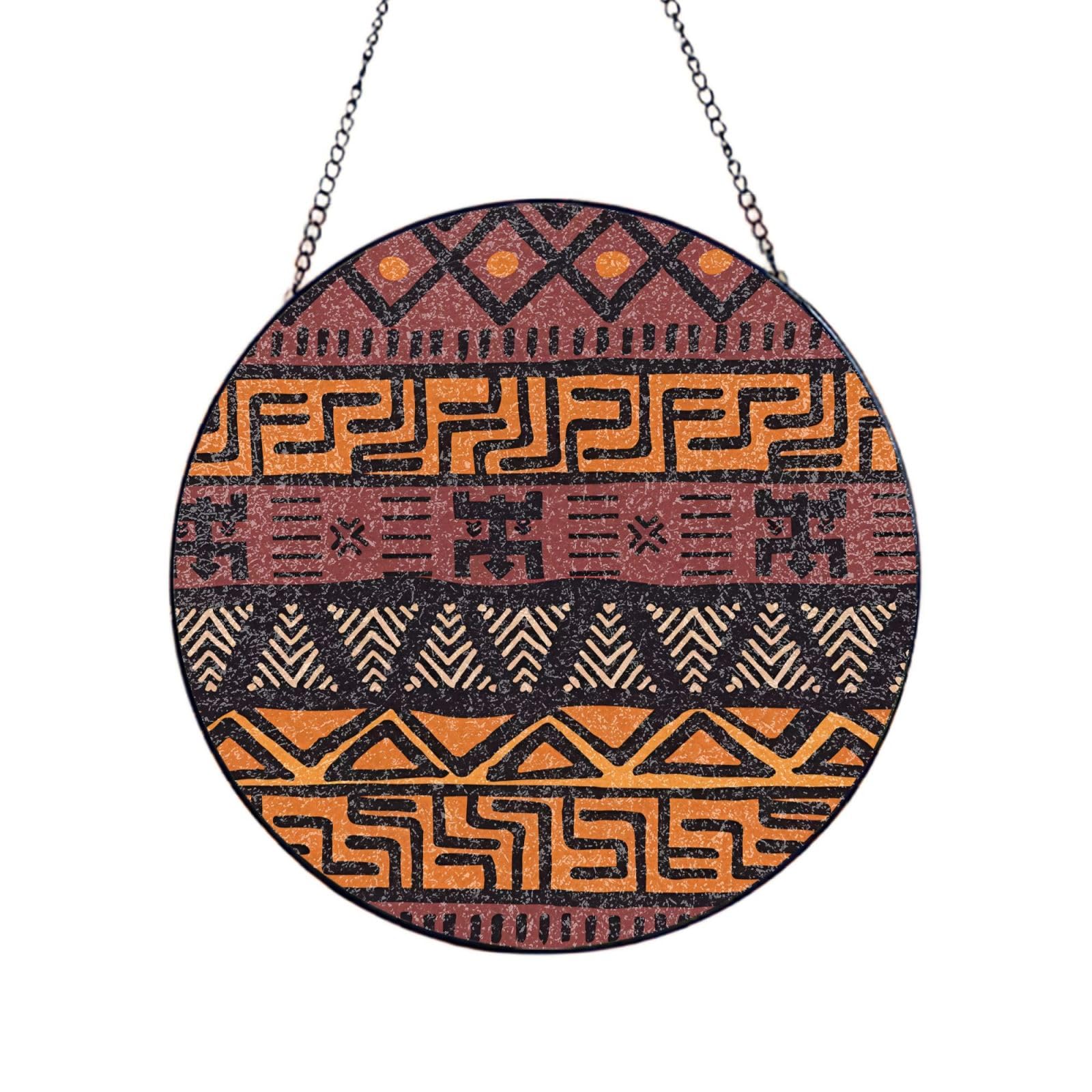 Phayah African Mud Cloth Tribal Print Glass Window Hanging Sun Catchers Suncatcher Decor For Birthday For Home Garden Porch 12in（30cm）