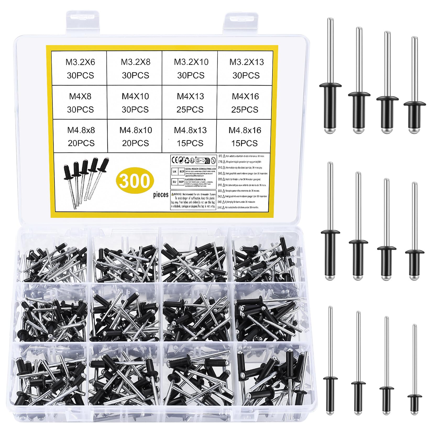 300 Pcs Pop Rivets Assortment, Aluminum Blind Rivets Set, Flange Blind Rivets with Shaft Mandrel, Open End Rivets