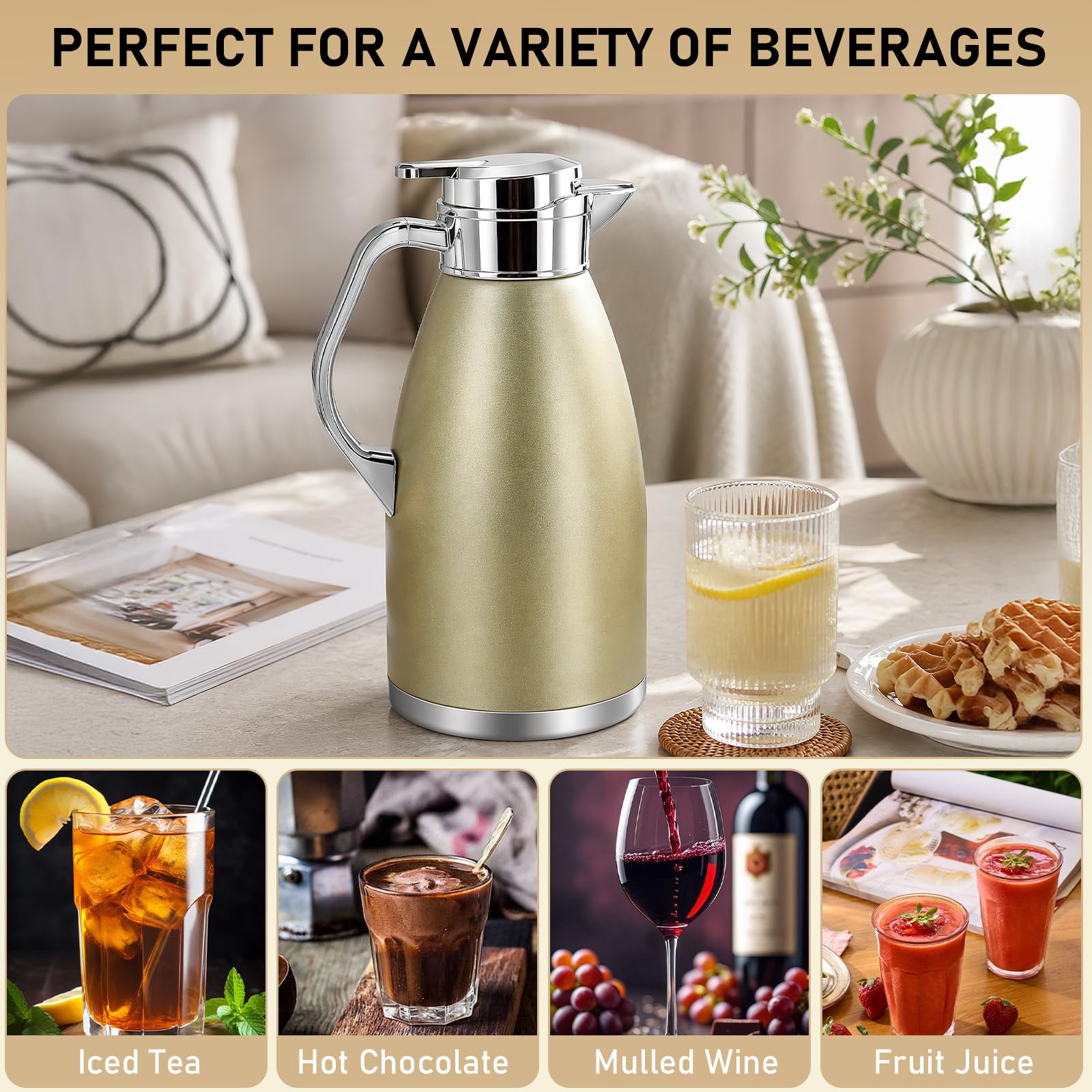 2er-Set Thermoskanne für Kaffee Isolierkanne Edelstahl 2,3L, Auslaufsicher Edelstahlkanne für Kaffee, Tee & Milch mit Reinigungsbürste Doppelwandig Hält 12h Heiß & 24h Kalt, Champagnergold