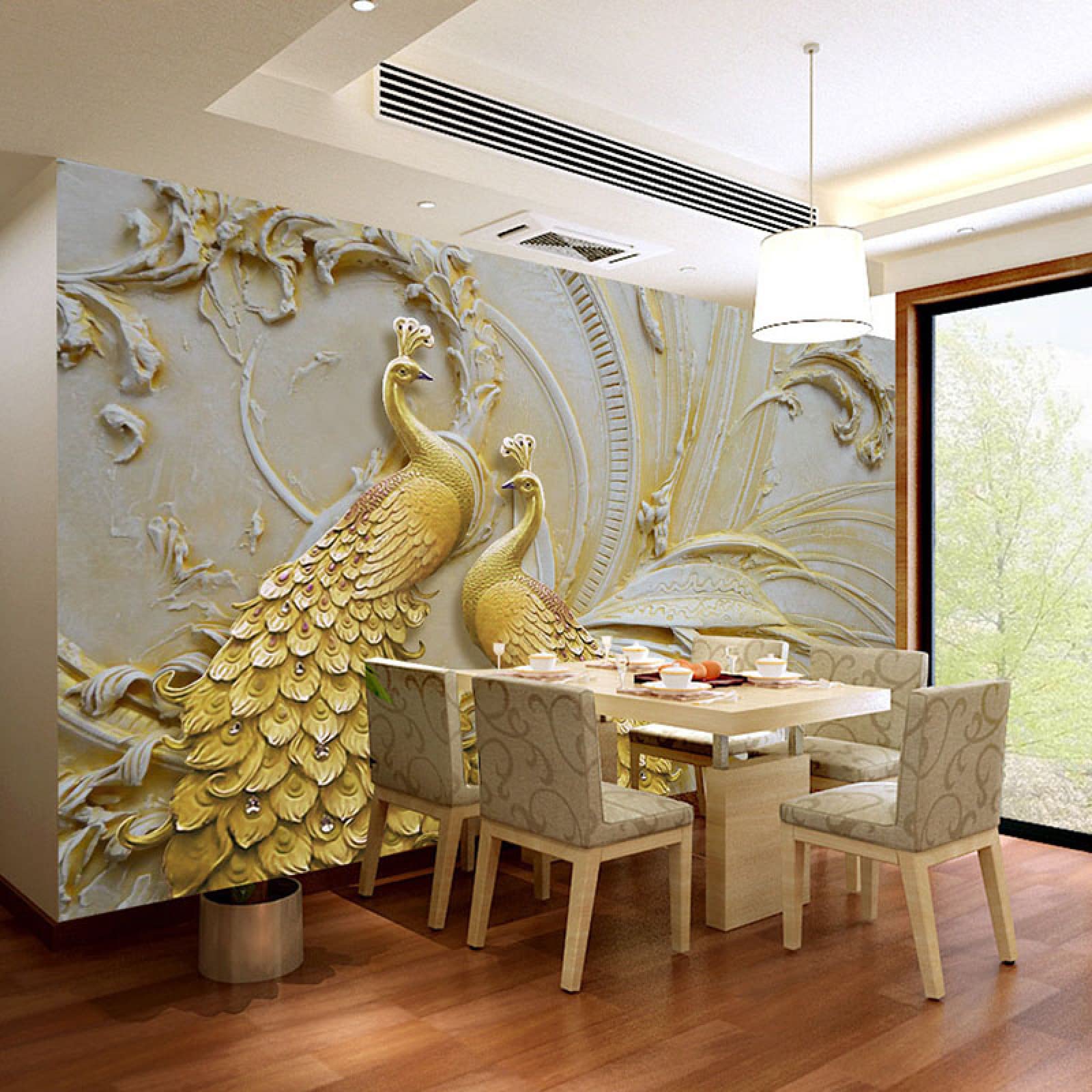 Mural 3d sala de estar papel tapiz estético alivio dorado pavo real dormitorio fondo decoración pared pegatina pared cartel de arte
