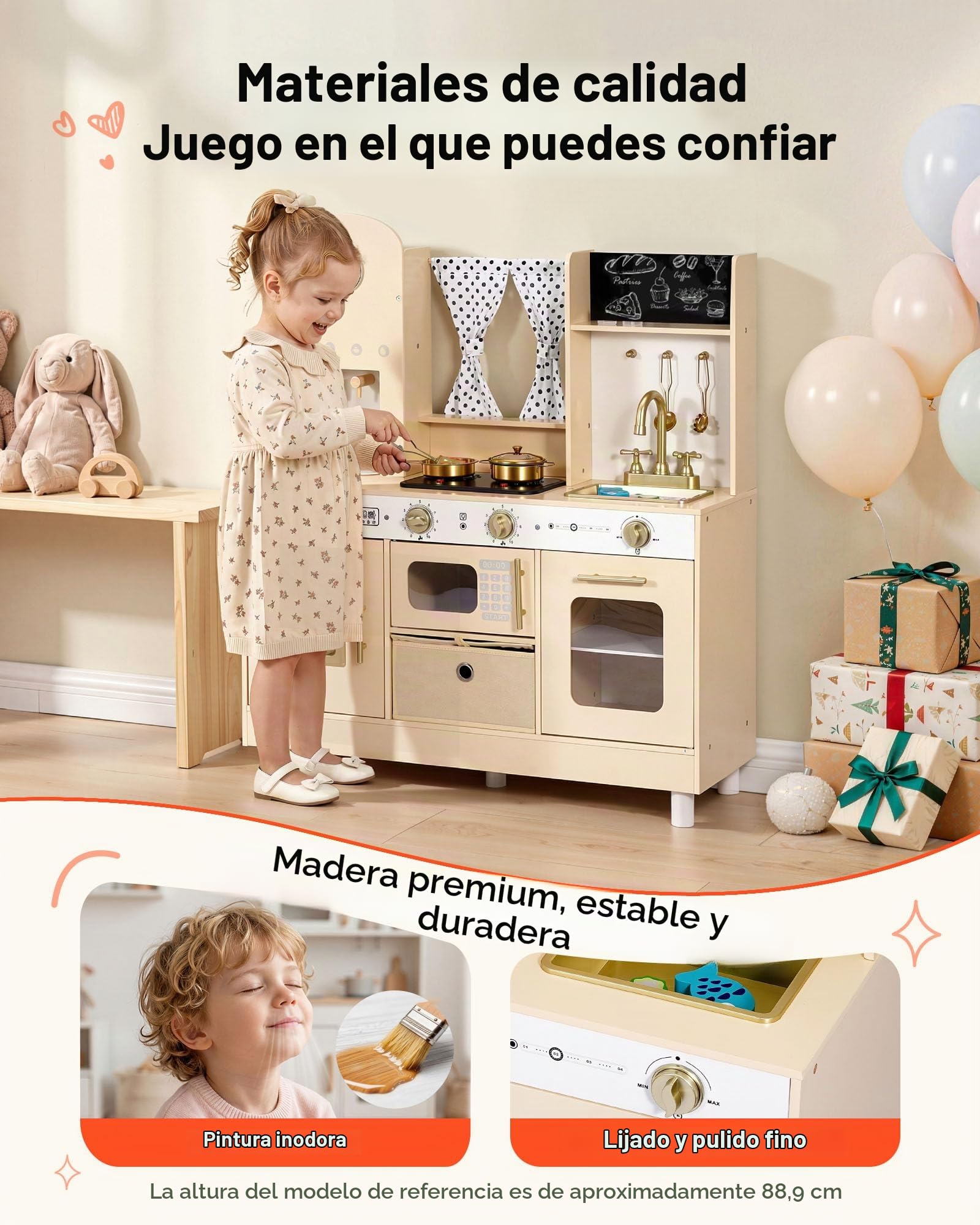 VEVOR Cocina de Juguete para Niños de 3 a 8 Años, Cocinita Infantil de Madera con Luces y Sonidos, Áreas Interactivas, Accesorios, Microondas, Máquina de Hielo, Juego de Cocina con Almacenamiento