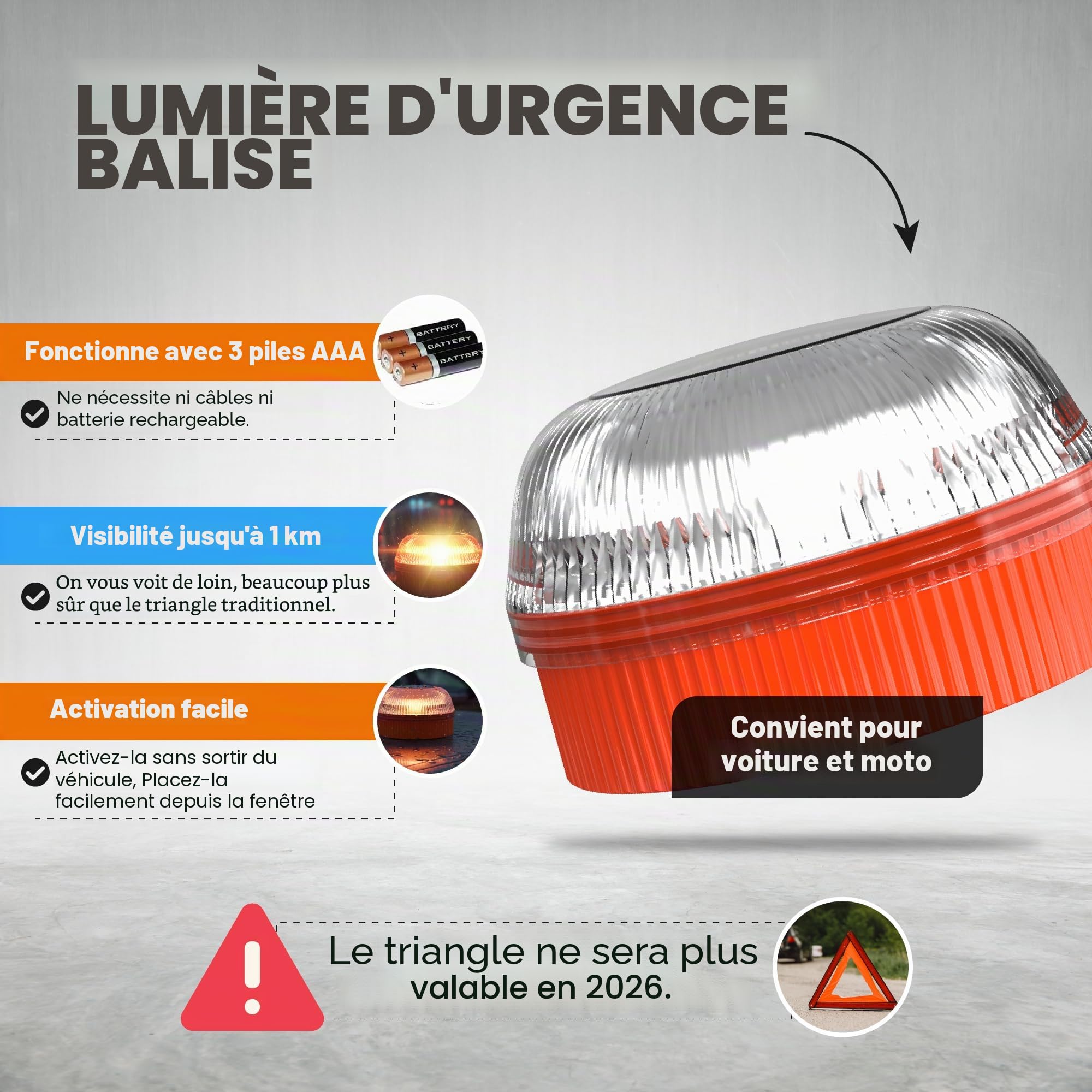Baliza V16 (Pack de 2) | Lumière d'urgence pour signaler les accidents de voiture | Remplace le triangle | Housse noire incluse | Sans GPS | Aimants magnétiques | Fonctionne avec 3 piles AAA | Haute