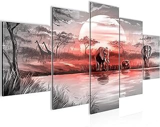 Runa Art - Quadri Africa Elefante 200 x 100 cm 5 Pezzi XXL Decorazione Murale Design Grigio Rosa 000751b