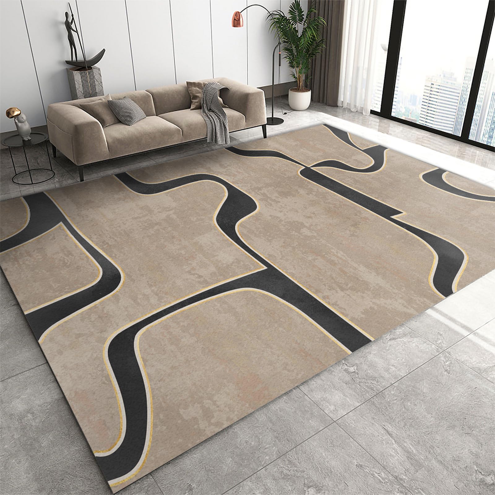 QDJKBL Area Rugs 70 x 120 cm Modern Curved Geometric Lines, Brown and Yellow Abstract Marble Background Rugs for Living Room, Washable Rug Comfortable Feet for Hotels Entrance Door — image 1