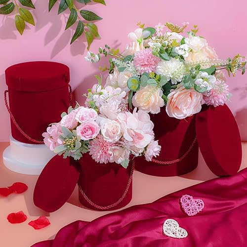 Miniatura 4 de 6 cajas redondas de terciopelo con tapas, caja de regalo de terciopelo de San Valentín con asa para arreglos de regalo de flores de lujo, boda,