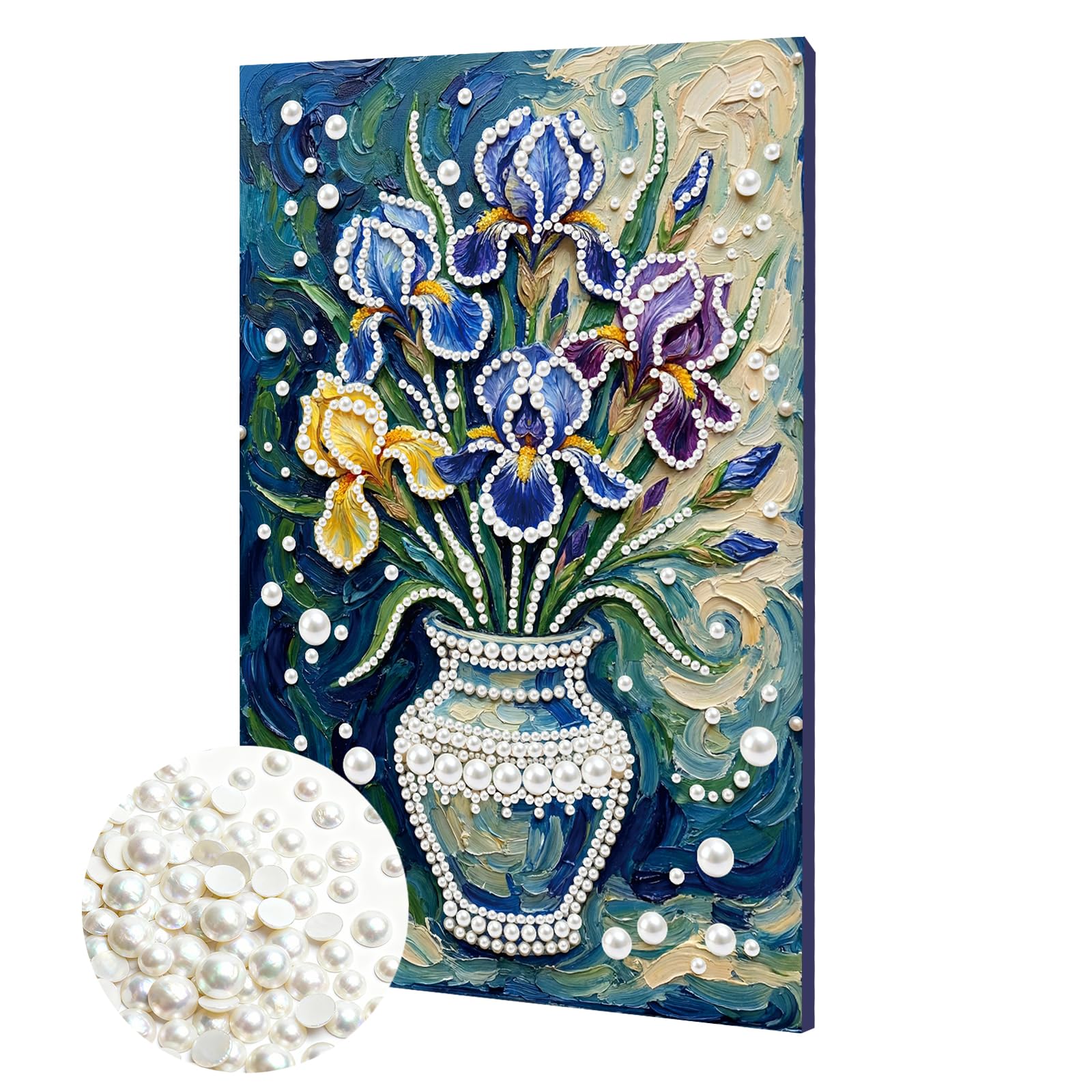 DIY Pearl Painting Kit with Wooden Frame, 3D Plastic Pearl Gemstone Ocean Art Craft for Adults Beginners, Diamond Dot Painting, Home Wall Decor Ready Gift for Women(Iris Vase)(20 * 30cm)