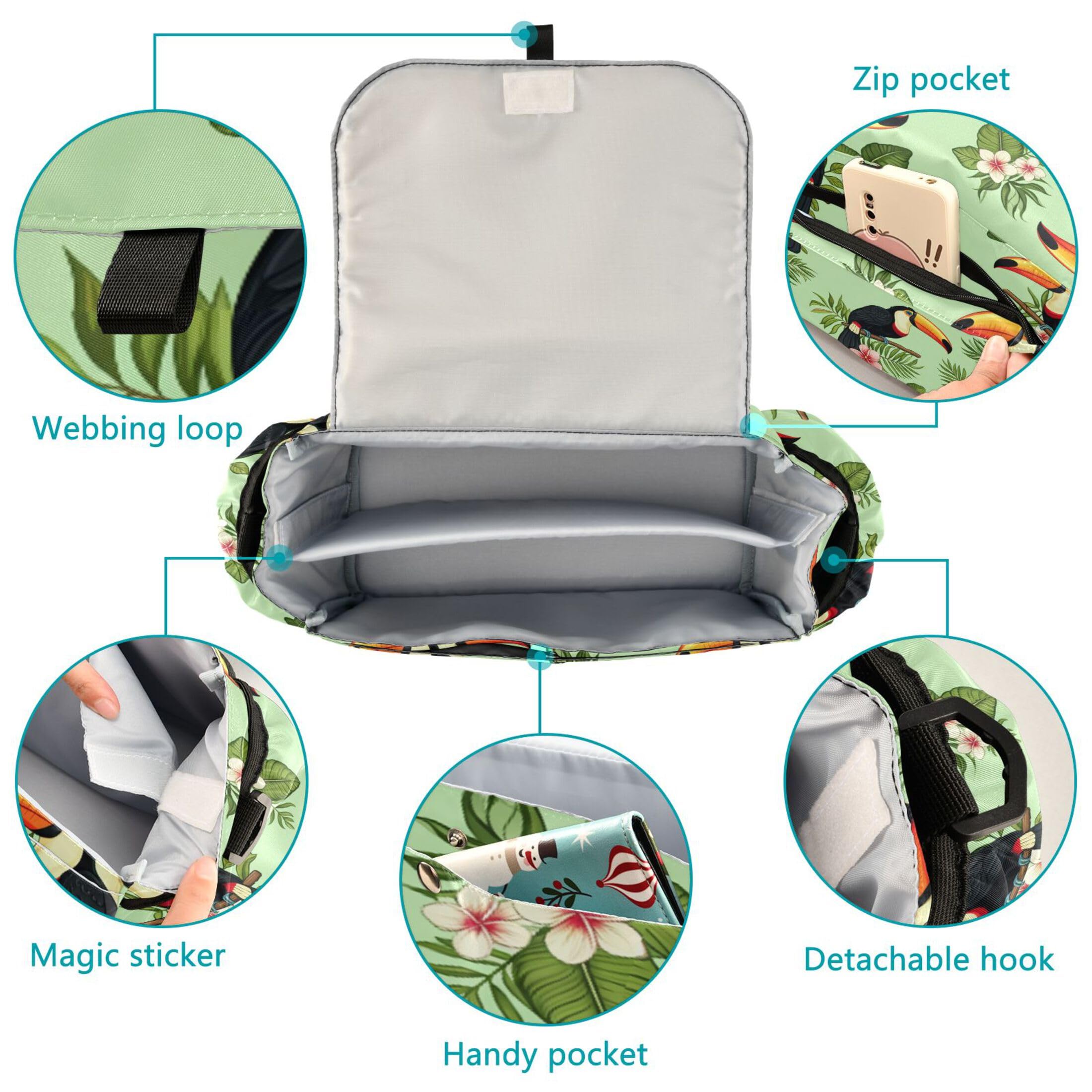 Burbuja Tropical Toucans Stroller Organizer with Insulated Cup Holders, Non-Slip Stroller Caddy Universal Fits Most Strollers, Nursery Accessories