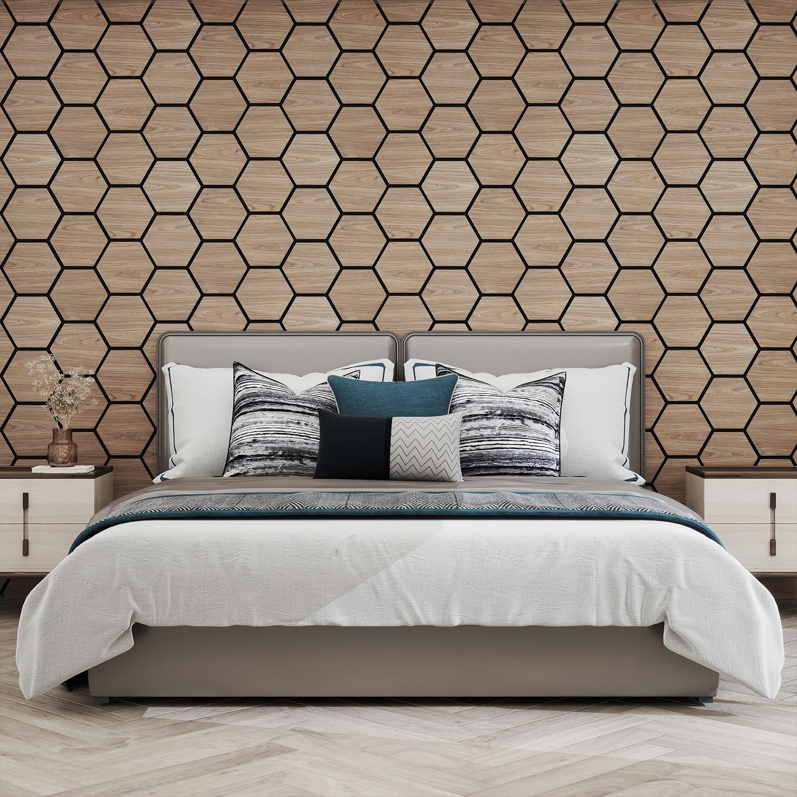 COSTWAY Lote de 4 Paneles Acústicos Decorativos para Paredes, 81 x 66 cm con 9 Tableros Hexagonales de Madera, Paneles Insonorizantes para Paredes para Estudios, Oficinas, Dormitorios, Salones