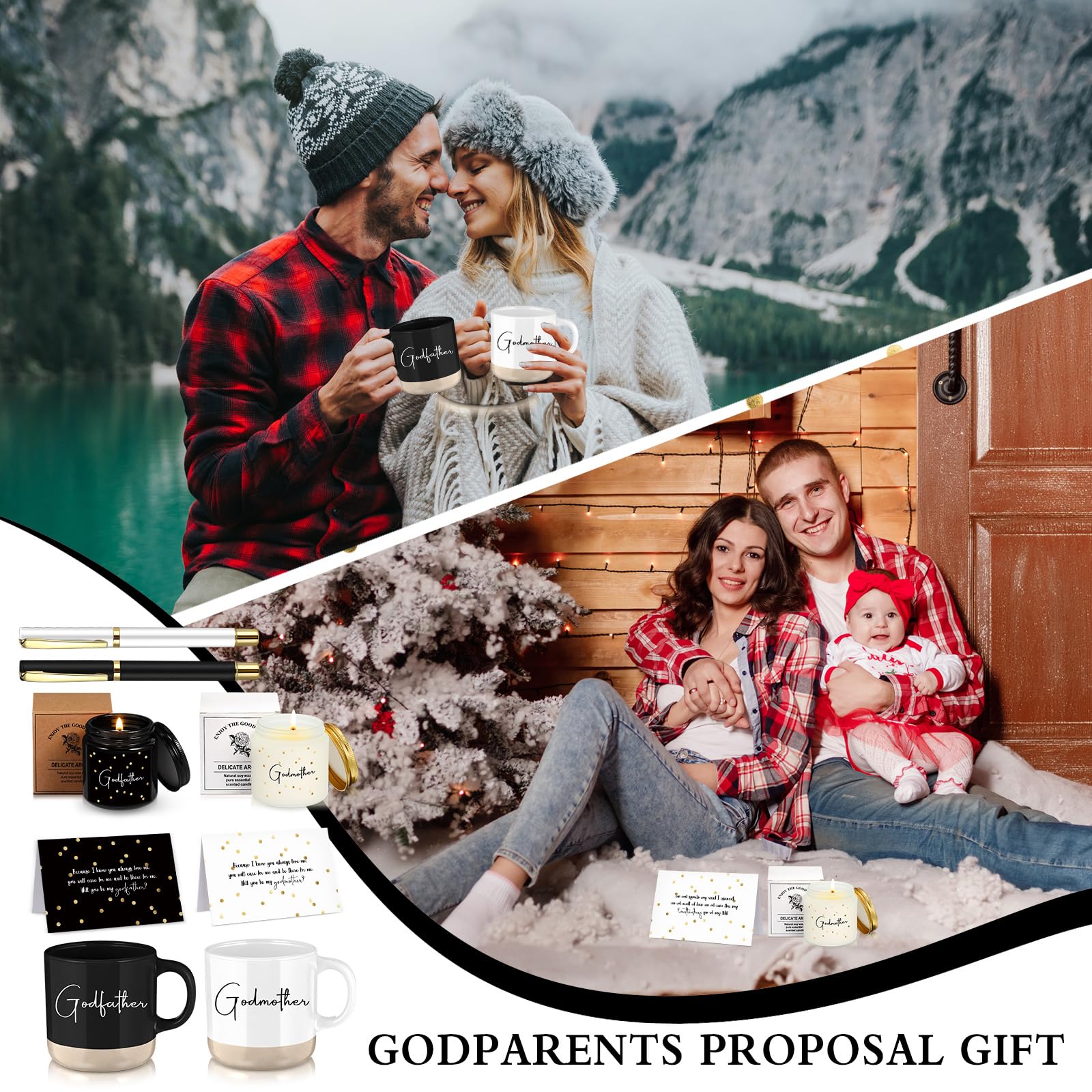 2 Sets 8 Pcs Godparents Proposal Gift Madrina Padrino Mug Will You Be My Godparents from Godchild Card Scented Candle Jar Pen Baptism Gift for Mother's Day Father's Day Godmother Godfather(English)